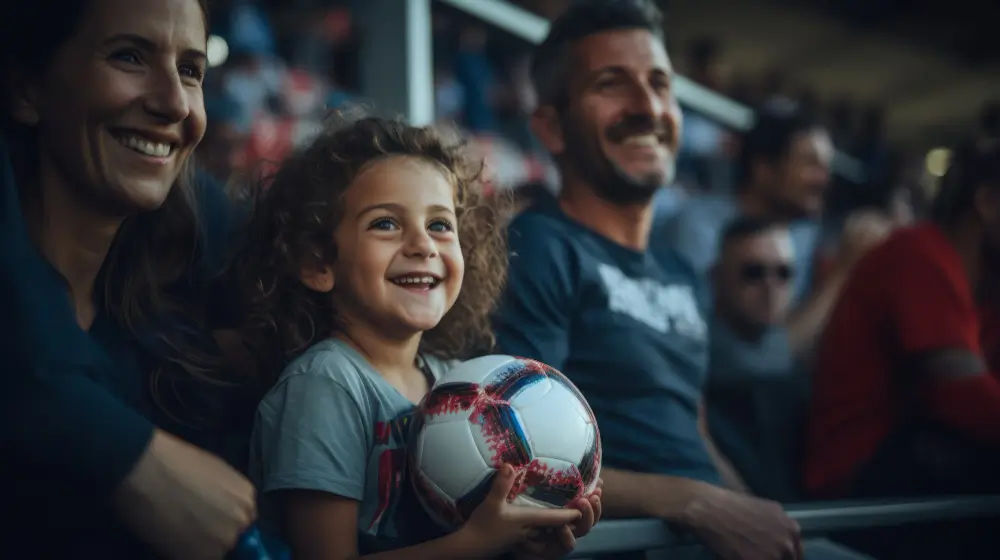 Família feliz assistindo uma partida de futebol no estádio