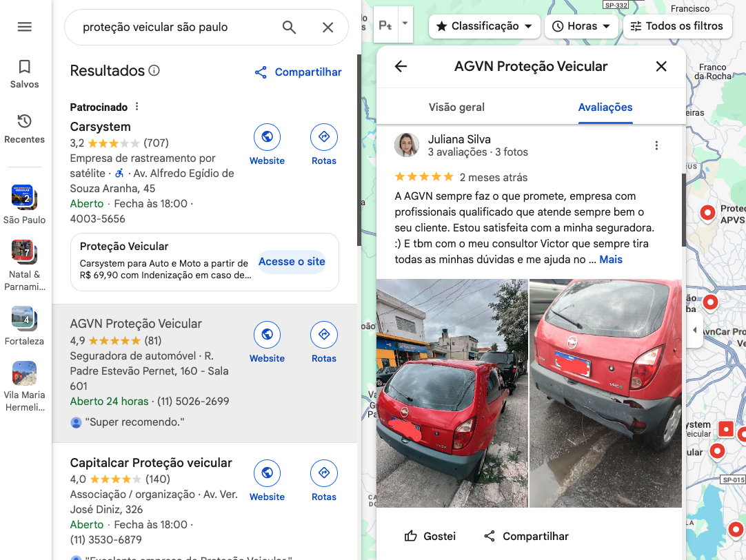 Perfil de empresa no Google com boas avaliações e provas sociais de clientes de proteção veicular