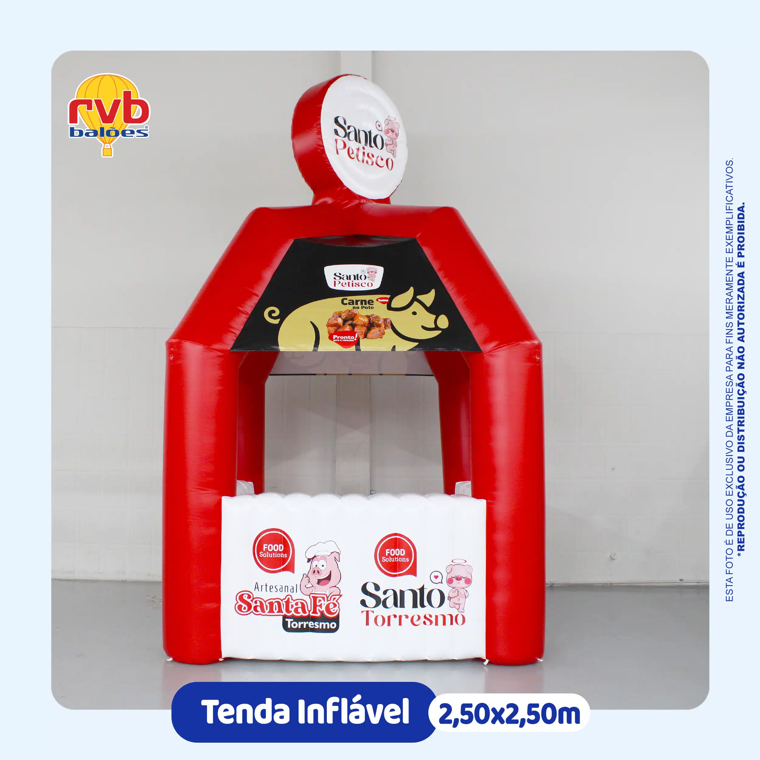 Tenda inflável promocional Santo Torresmo segmento alimentício 2,5x2,5m para degustação em PDV
