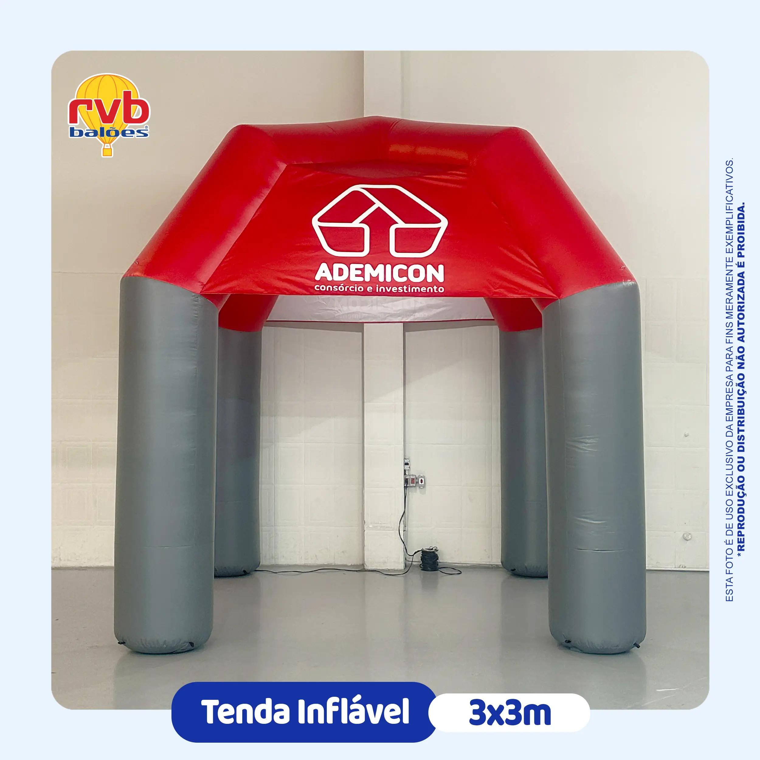 Tenda inflável 3x3 metros personalizada da Ademicon nas cores vermelha e cinza