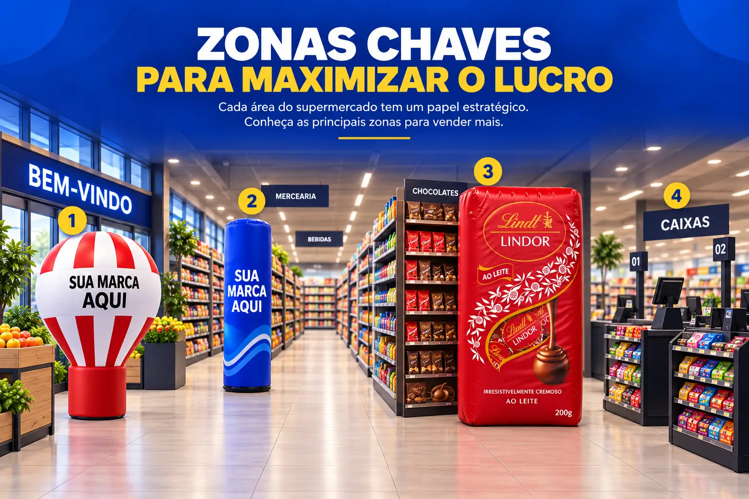 Zonas estratégicas de supermercado com balão, totem e réplica inflável em áreas de entrada, corredores, exposição de produtos e caixas.