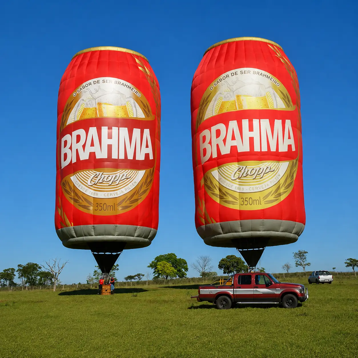 Balões Special Shape Brahma — Dupla de Latas Gigantes em Ativação de Marca | RVB Balões Dupla de balões Special Shape Brahma em formato de lata de cerveja, totalmente personalizados, ancorados em campo aberto durante ativação de marca operada pela RVB Balões