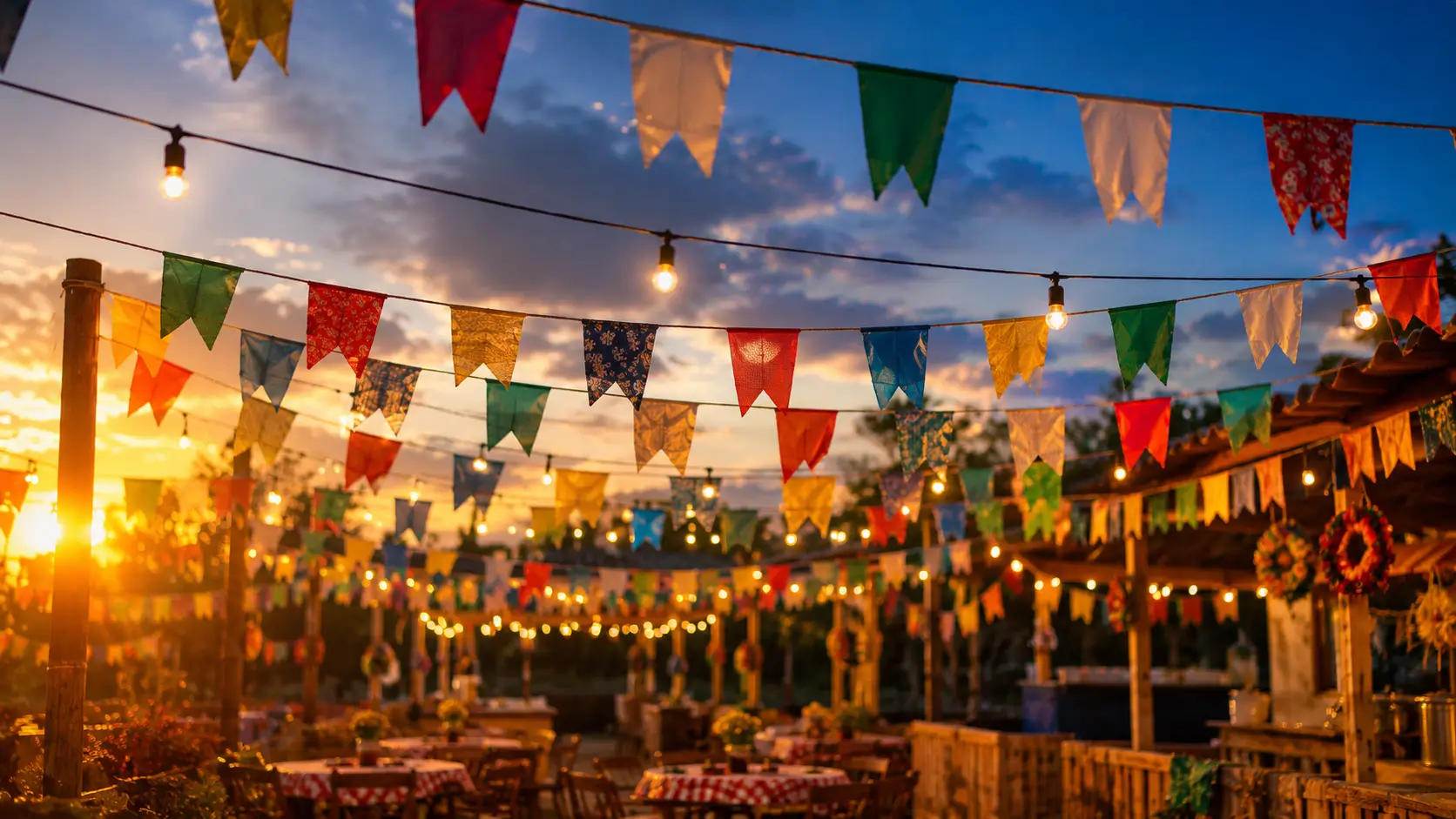 Bandeirinhas de festa junina ao entardecer em arraiá decorado com string lights e mesas xadrez Bandeirinhas coloridas estampadas de festa junina cruzando o céu ao entardecer em arraiá com string lights amarelas, mesas de madeira com toalha xadrez vermelha e branca ao fundo