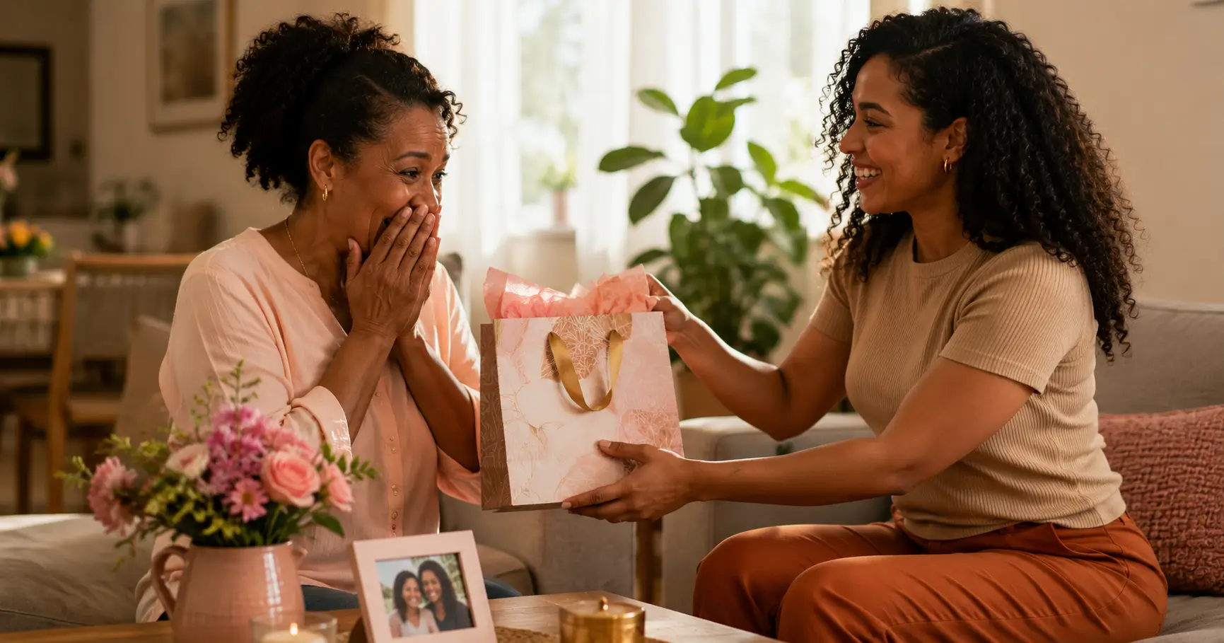 Mãe brasileira recebendo presente do Dia das Mães da filha em momento emocional em casa — gatilho de gratidão que motiva 43% das compras
