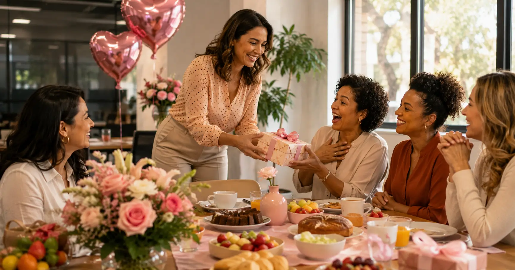 Café da manhã corporativo celebrando colaboradoras-mães da empresa no Dia das Mães — endomarketing que impacta diretamente o atendimento ao cliente final