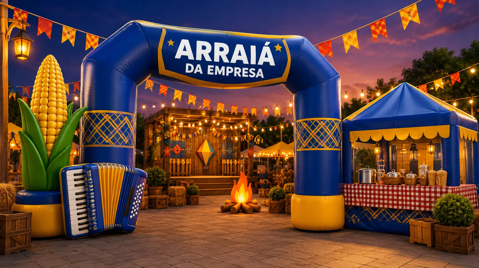 Arraiá empresarial 2026 com portal inflável azul e amarelo personalizado na entrada, tenda inflável como barraca de comidas típicas, réplicas infláveis de milho e sanfona, bandeirinhas coloridas e palco rústico iluminado — ativação completa de festa junina produzida pela RVB Balões