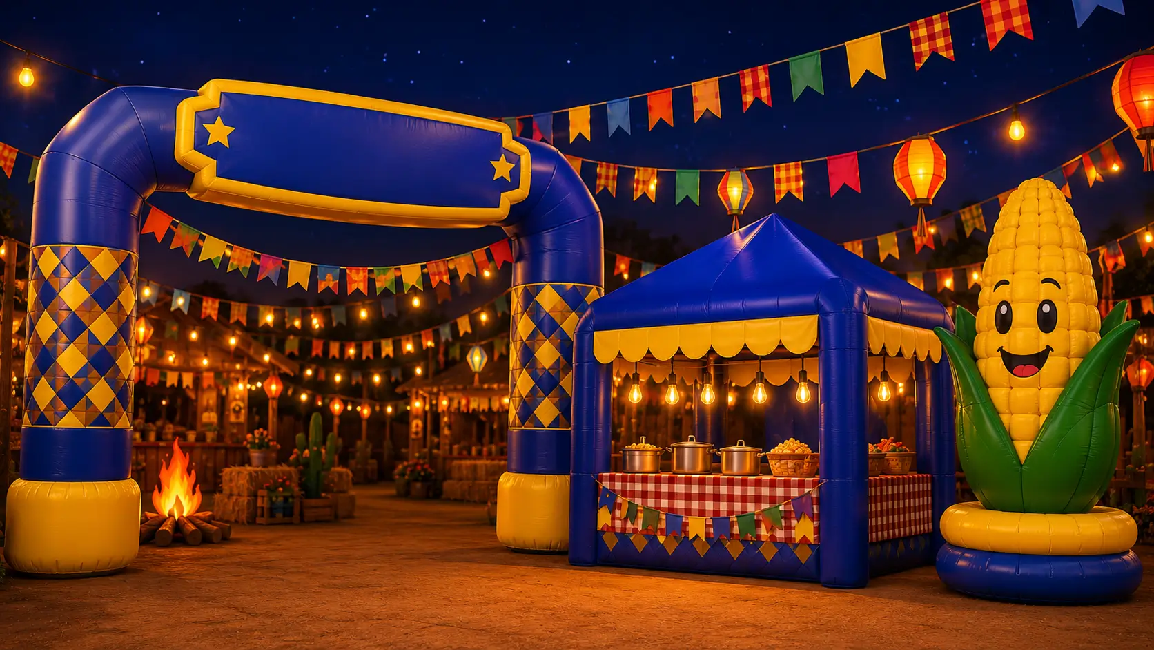 Infláveis Personalizados para Decoração de Festa Junina: Portal, Tenda e Réplica de Milho RVB Composição noturna de festa junina com três infláveis personalizados RVB em destaque: portal inflável azul e amarelo na entrada do arraiá, tenda inflável como barraca de comidas típicas e réplica inflável de milho gigante, todos cercados por bandeirinhas coloridas e luminárias de papel com iluminação quente