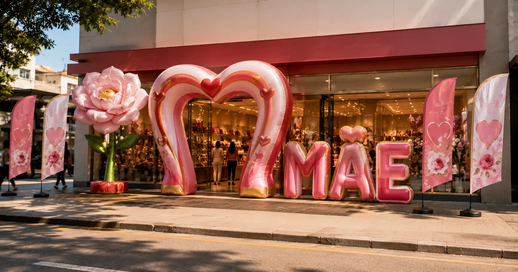 Fachada de loja brasileira decorada com portal inflável de coração, letras infláveis MÃE, Wind Banners e réplica inflável personalizados pela RVB Balões para o Dia das Mães