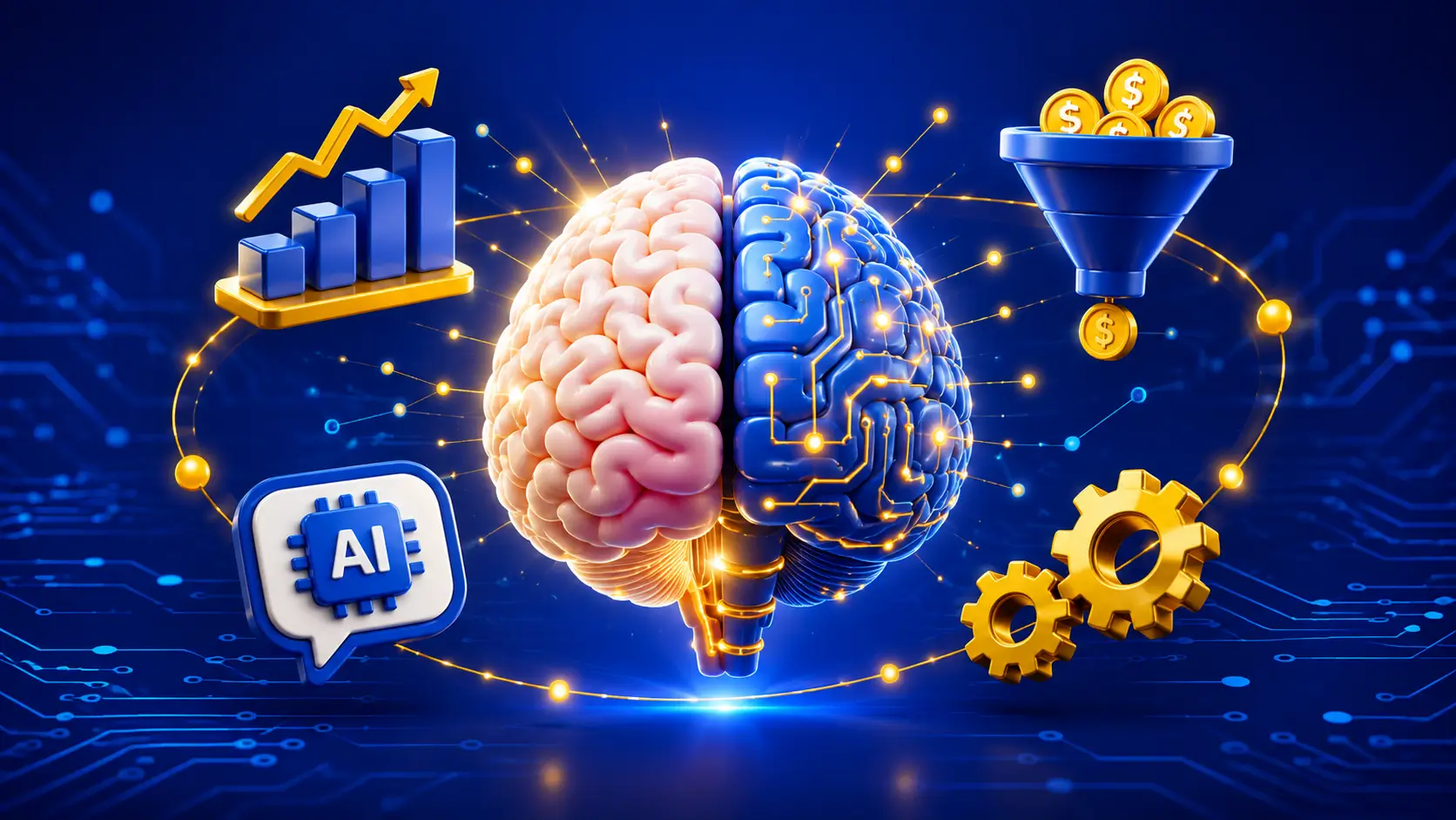 IA no marketing promocional: 82% dos profissionais já usam diariamente em 2026 Ilustração 3D de cérebro híbrido com lado esquerdo orgânico e lado direito tecnológico com circuitos dourados, cercado por ícones de gráfico em alta, funil de vendas com moedas, chip de inteligência artificial e engrenagens, representando o uso de IA no planejamento de ações promocionais