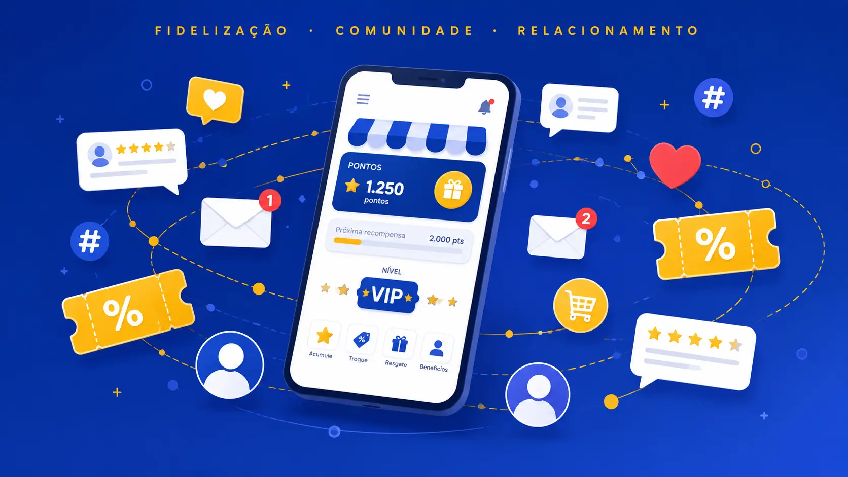 Fidelização Pós-Inauguração de Loja | RVB Balões Ilustração de fidelização de clientes no pós-inauguração de loja: programa de fidelidade, avaliações 5 estrelas, comunicação recorrente via email e construção de comunidade