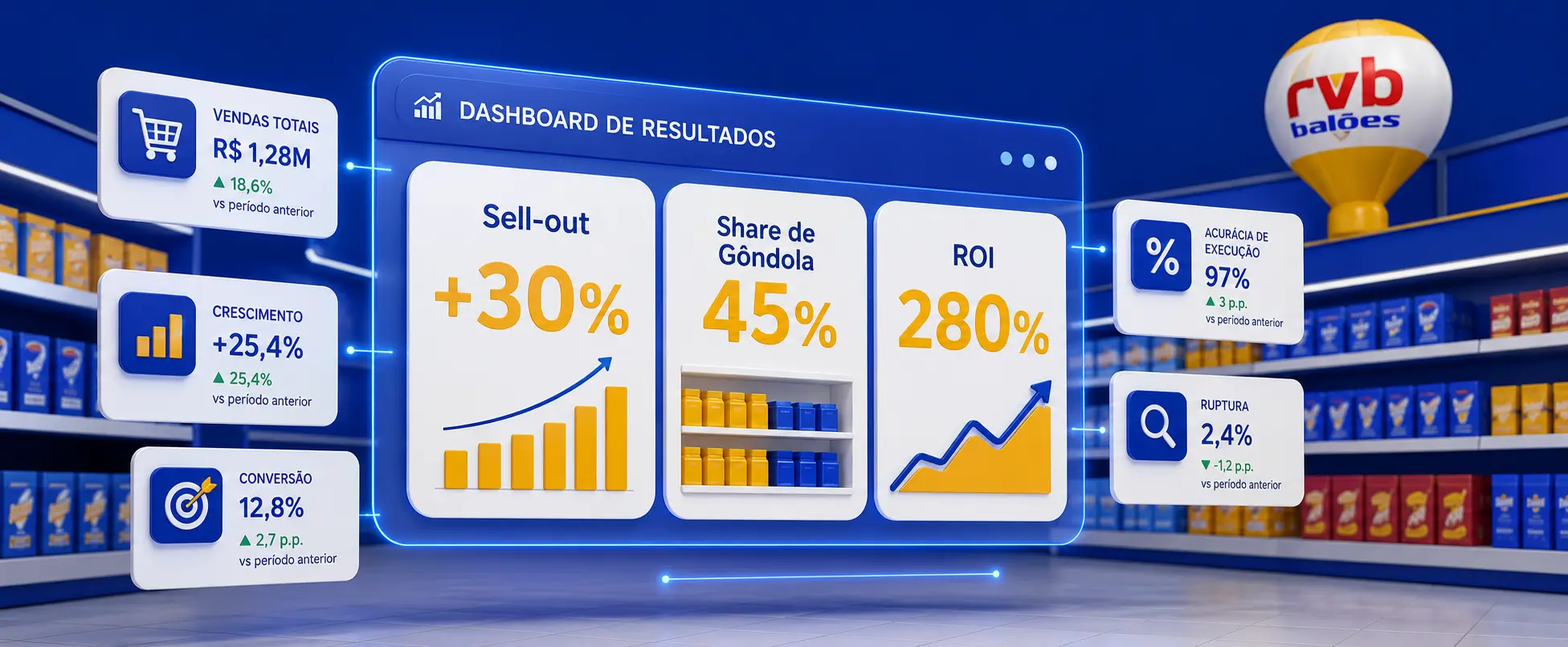 Métricas de Trade Marketing 2026: KPIs essenciais para acompanhar no PDV Dashboard 3D ilustrando as principais métricas de trade marketing — sell-out, share de gôndola e ROI — flutuando sobre uma gôndola de supermercado, em estilo infográfico editorial com paleta azul e amarelo da RVB