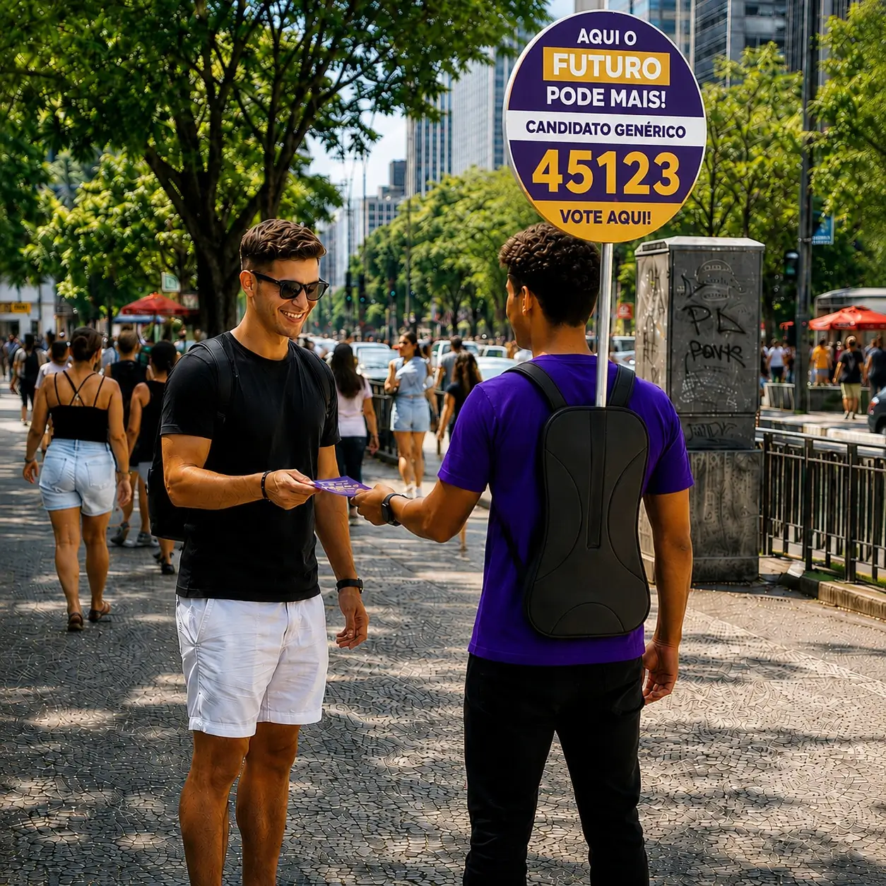 Cabo eleitoral usando mochila pirulito roxa com placa circular acima da cabeça entrega panfleto a transeunte em calçadão urbano, mostrando o uso da mochila pirulito como propaganda ambulante em campanha política