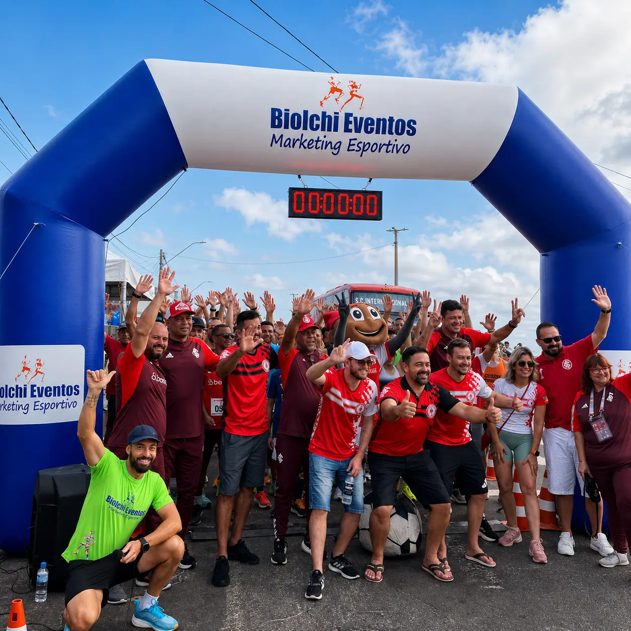 Portal inflável personalizado da BioIchi Eventos utilizado em corrida de rua e evento esportivo com participantes reunidos na largada.