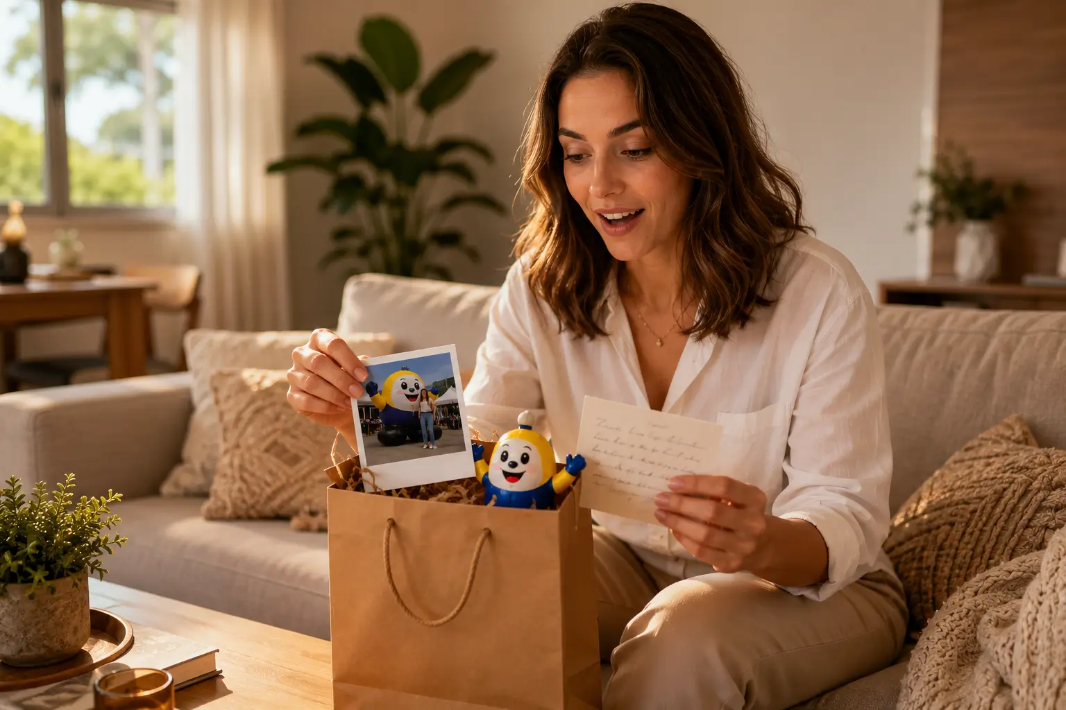 Cliente recebendo em casa um kit de agradecimento da loja com foto, cartão e mini-inflável personalizado — exemplo de pós-venda criativa da RVB Balões