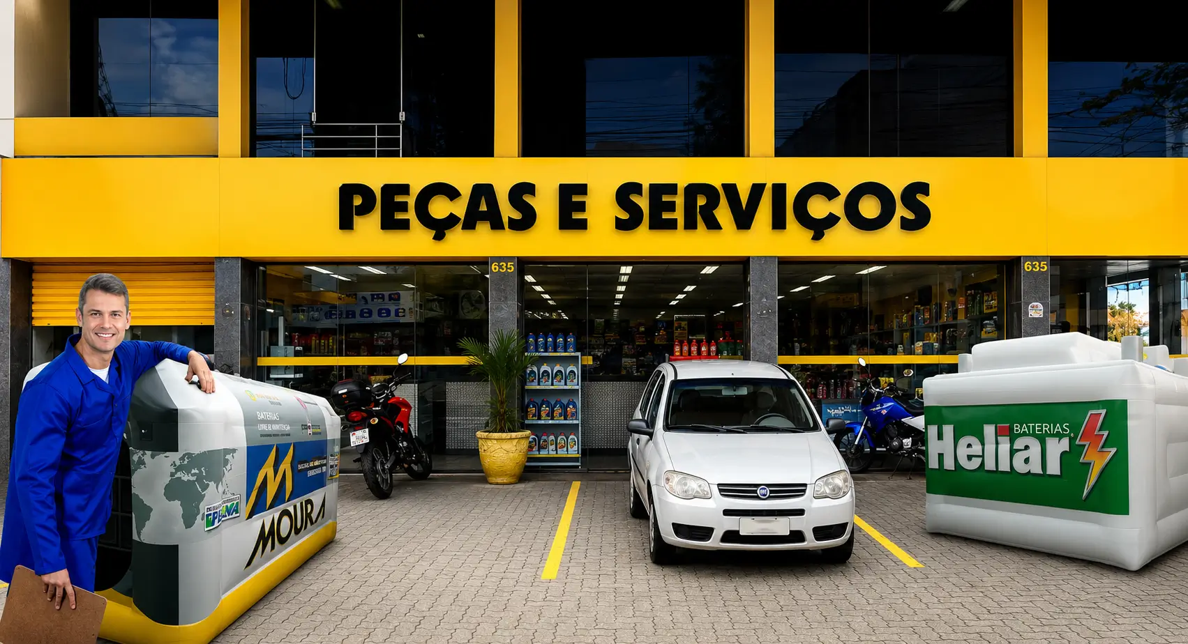 Réplicas infláveis de baterias automotivas Moura e Heliar em PDV de autopeças, com mecânico uniformizado e fachada de loja de peças e serviços — produção RVB Balões