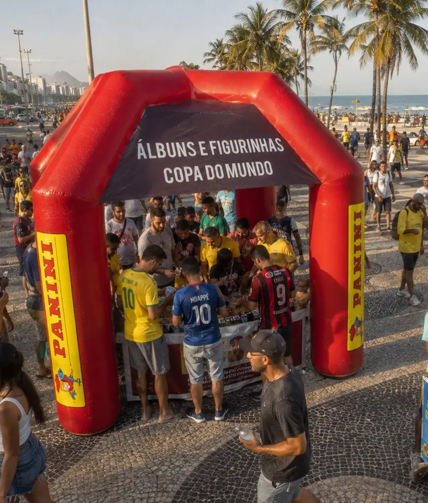 stand de troca de figurinhas da Copa do Mundo com tenda inflável Panini em ação promocional na praia