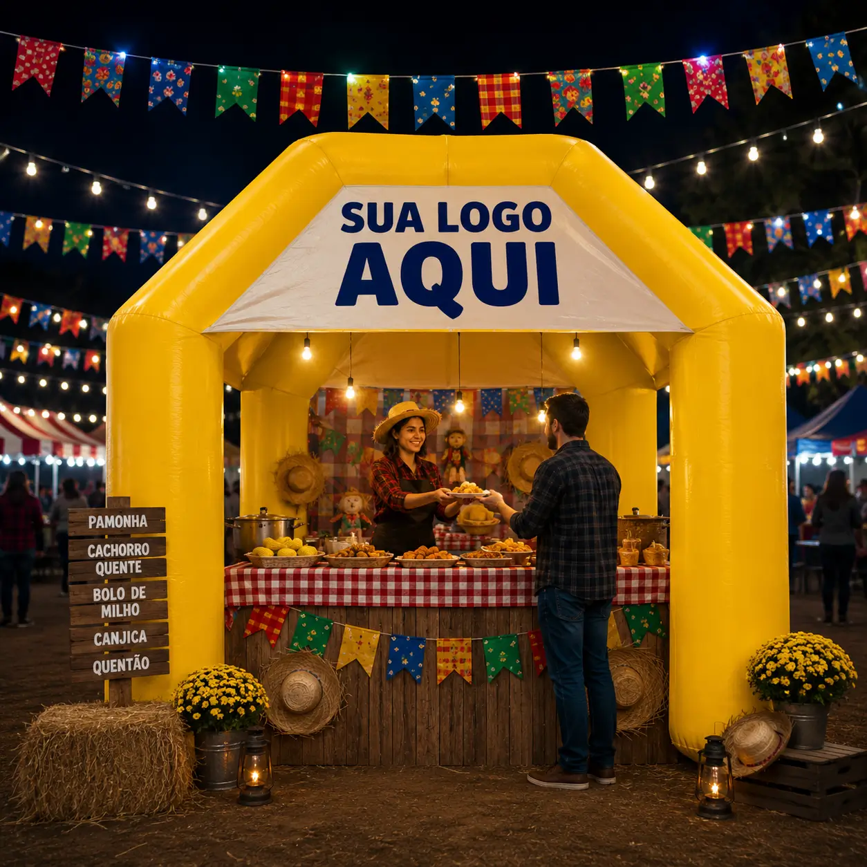 Tenda Inflável para Festa Junina — Barraca de Comidas Típicas | RVB Balões Tenda inflável personalizada da RVB Balões usada como barraca de comidas típicas em festa junina, com identidade visual customizada e estrutura de PDV temático