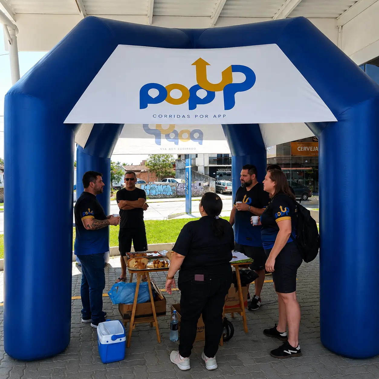 Tenda inflável personalizada da PopUp utilizada em ação promocional e evento corporativo com equipe reunida sob estrutura inflável.