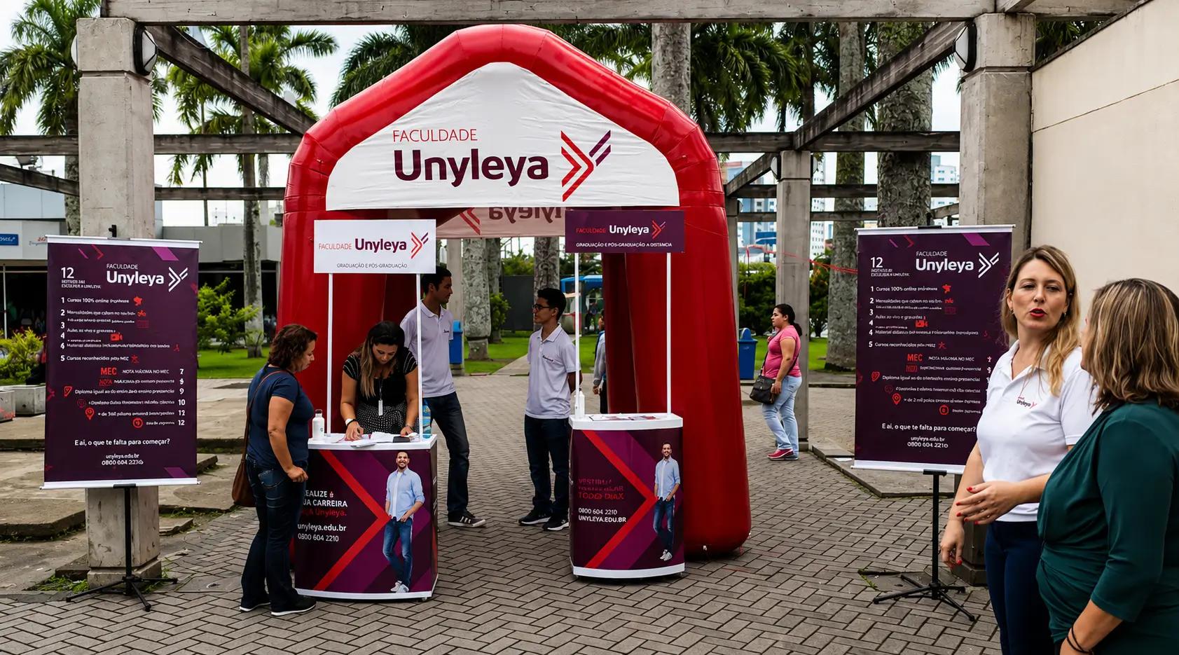 Tenda inflável Unylea — ponto de atendimento para captação ativa de alunos | RVB Balões Tenda inflável personalizada Unylea com mesa de atendimento em ação externa de captação de alunos, fabricada pela RVB Balões