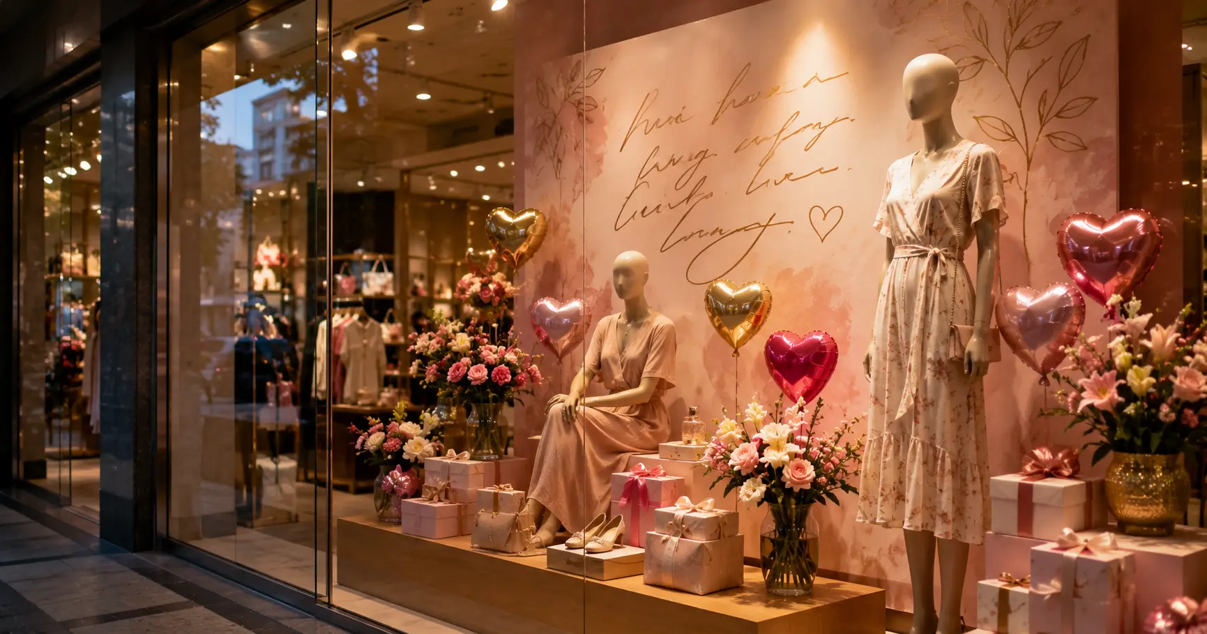 Vitrine de loja brasileira decorada para o Dia das Mães com painel emocional, balões coração e flores naturais — composição de PDV que captura atenção em 3 segundos