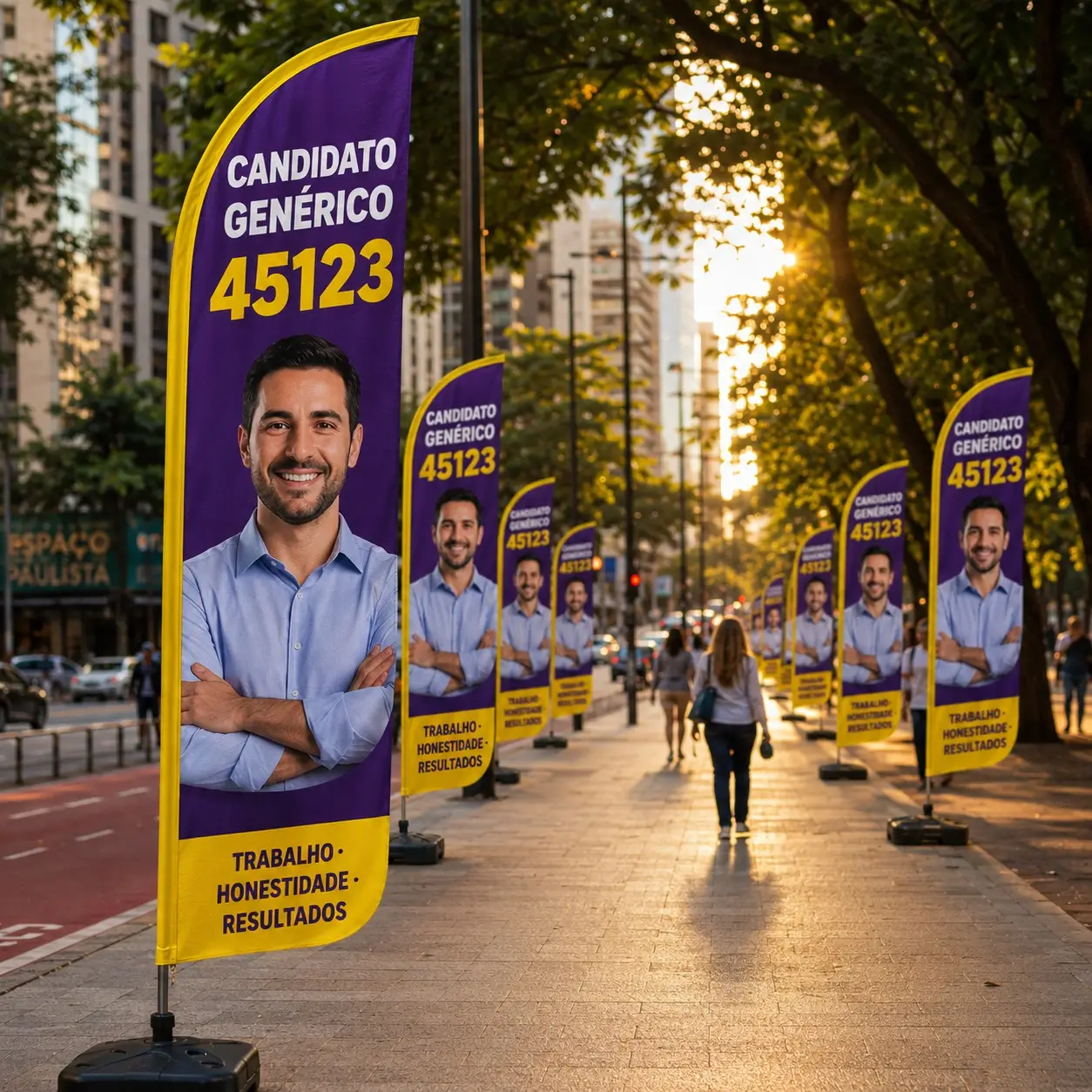 Sequência de wind banners personalizados para campanha política instalados em calçadão arborizado de avenida urbana, com bandeiras verticais em roxo e amarelo mostrando candidato fictício, número 45123 e slogan trabalho honestidade resultados
