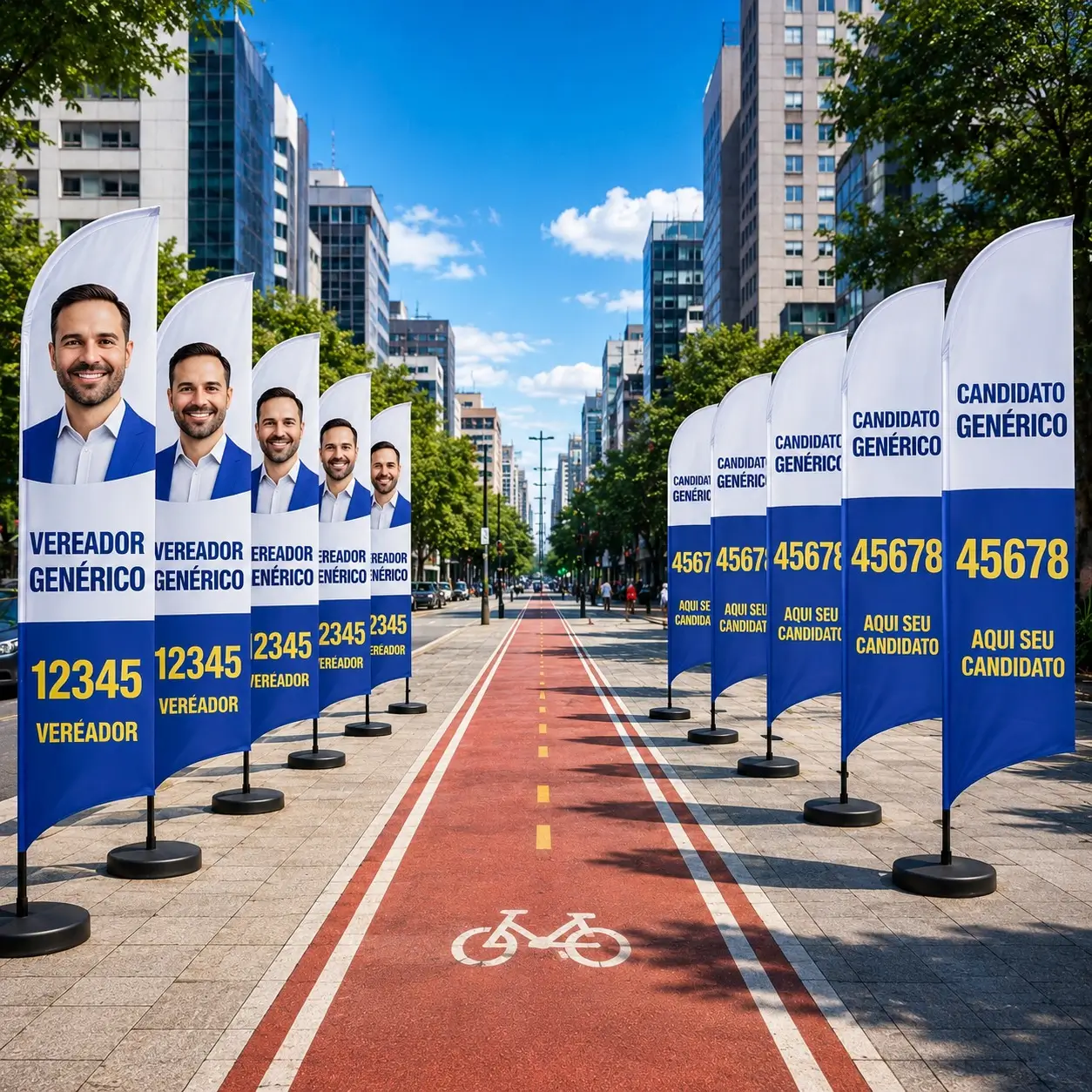 Wind banners personalizados para campanha política instalados em via pública urbana, mostrando bandeiras verticais com foto e número de candidato fictício em ambos os lados de uma avenida com ciclovia