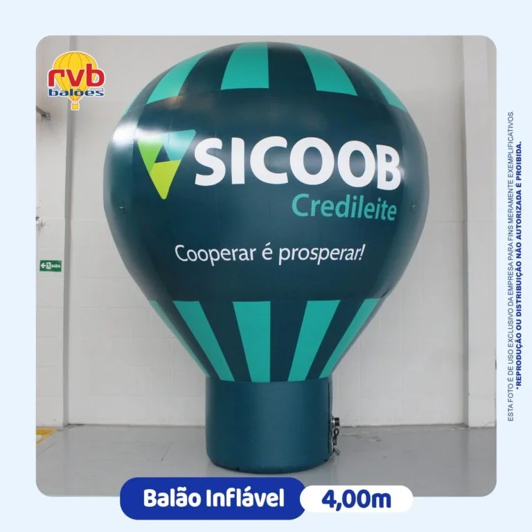 Balão inflável personalizado Sicoob Credileite 4,00m verde escuro com logotipo e slogan Cooperar é prosperar, fabricado pela RVB Balões