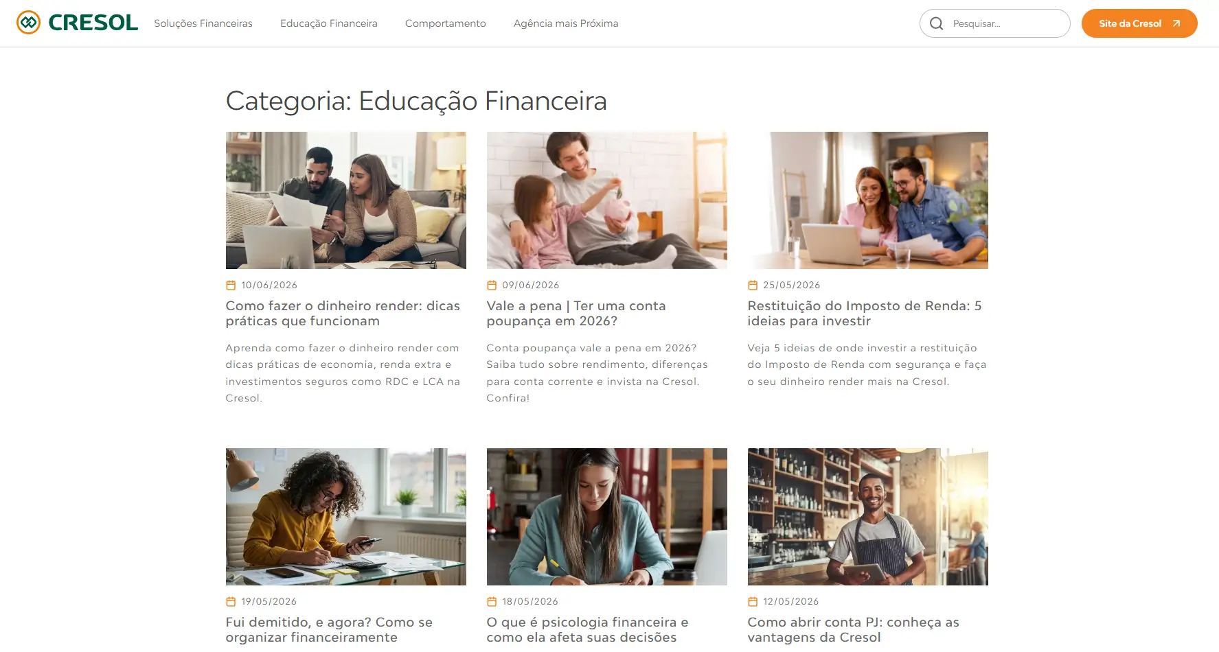 Pagina de blog de educação financeira para educar leads site cresol