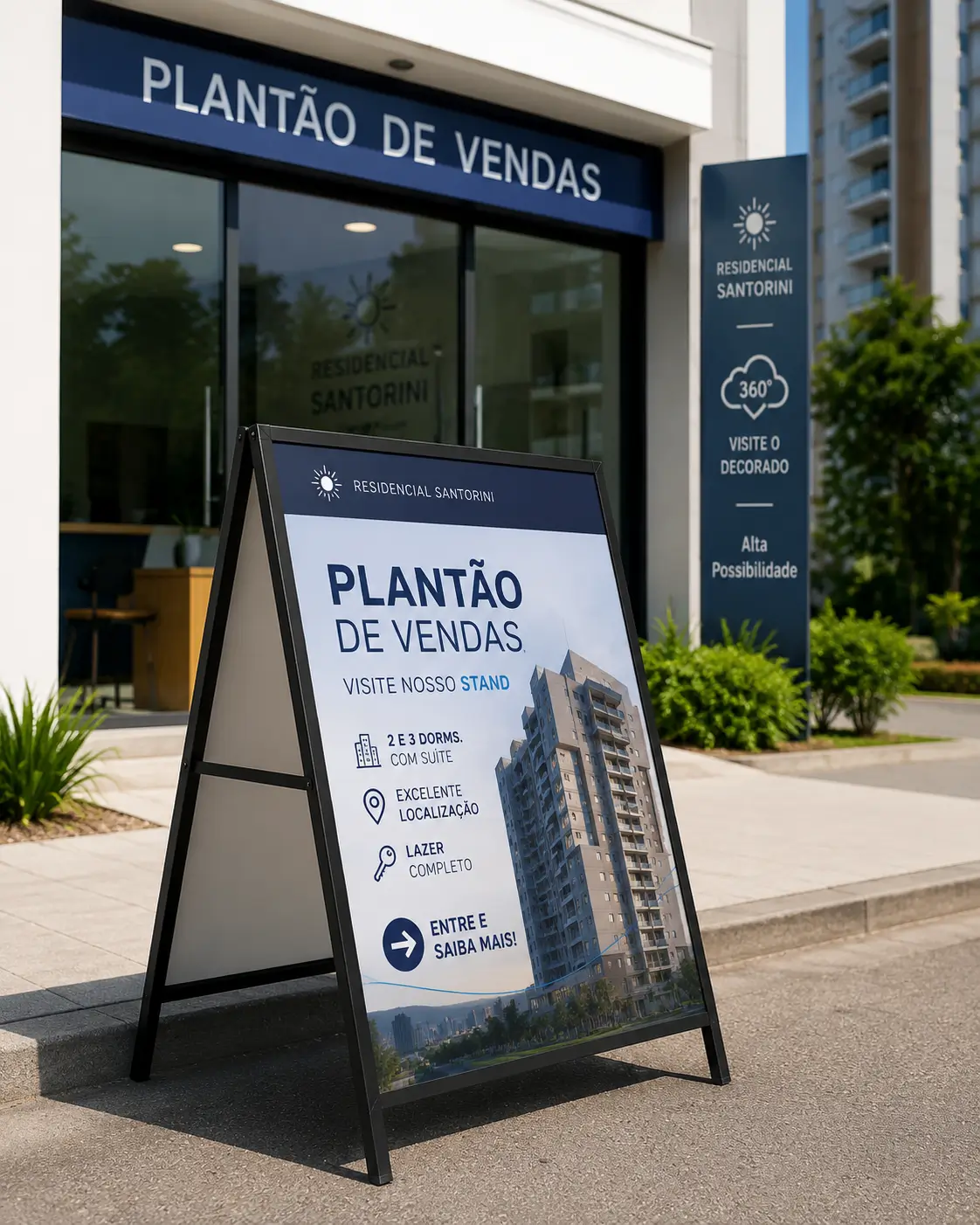 cavalete promocional personalizado utilizado na sinalização de plantão de vendas imobiliário em empreendimento residencial