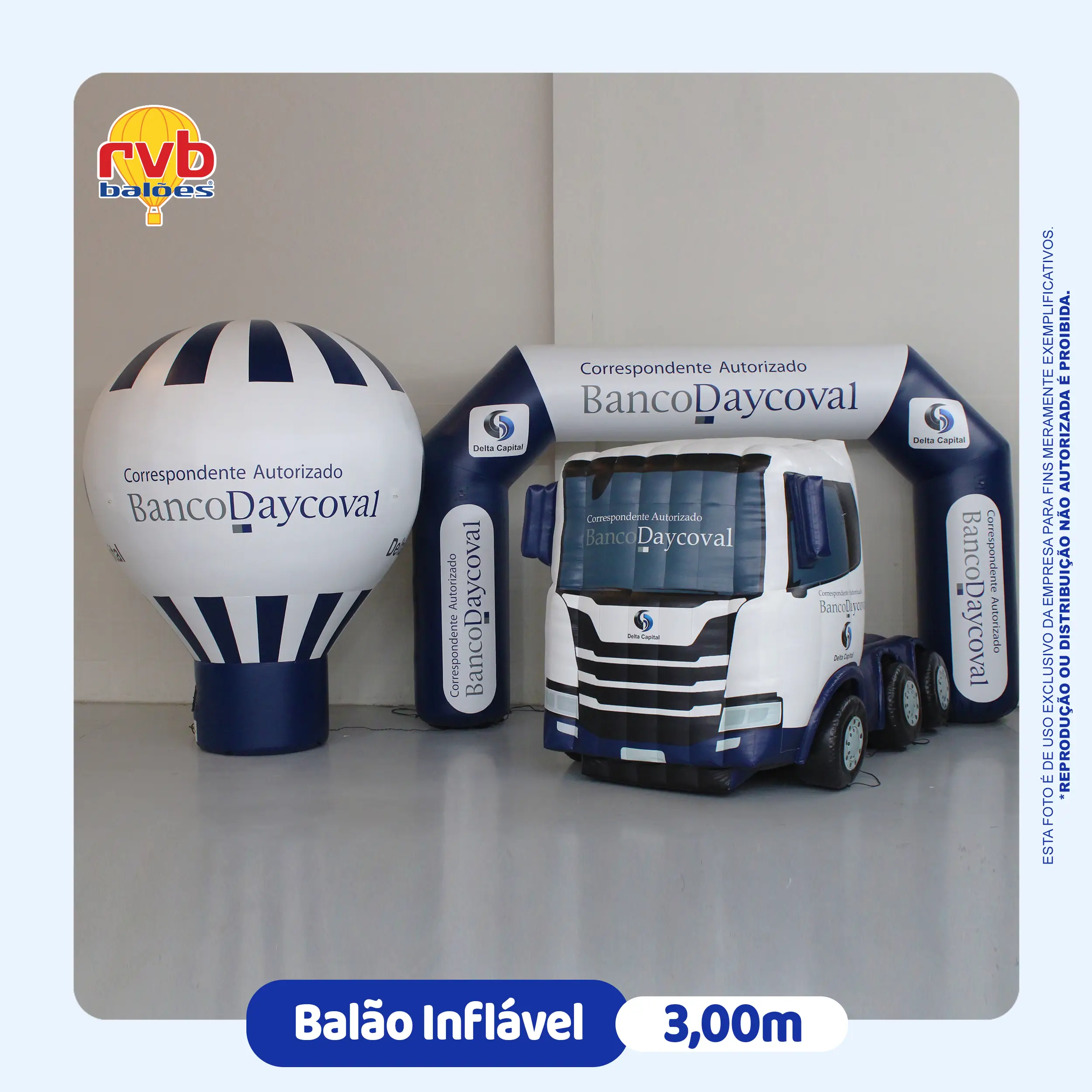 conjunto de infláveis promocionais Banco Daycoval com balão inflável de 3 metros, portal inflável e réplica inflável de caminhão para eventos