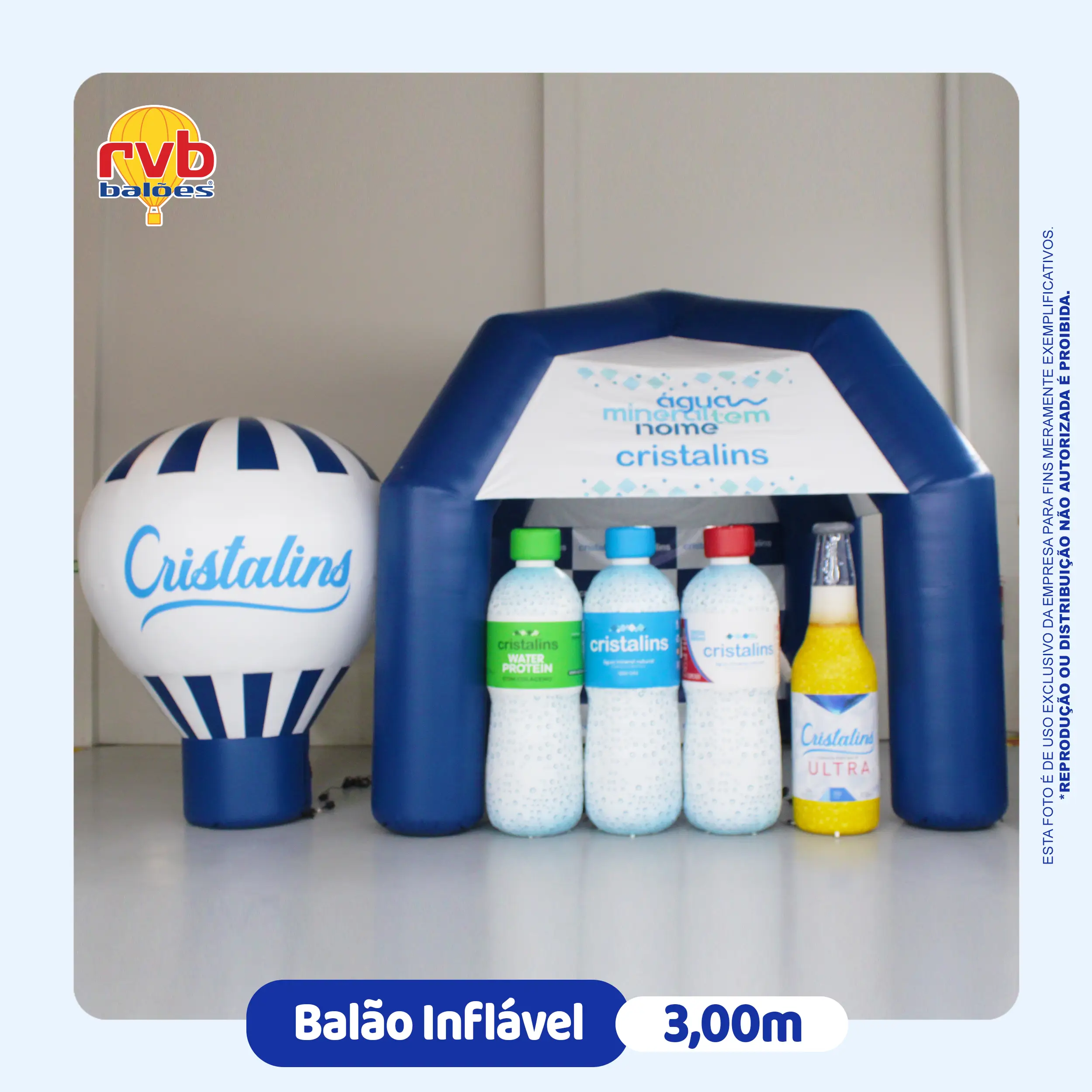 conjunto de infláveis promocionais Cristalins com balão inflável de 3 metros, tenda inflável e réplicas infláveis de produtos para divulgação comercial