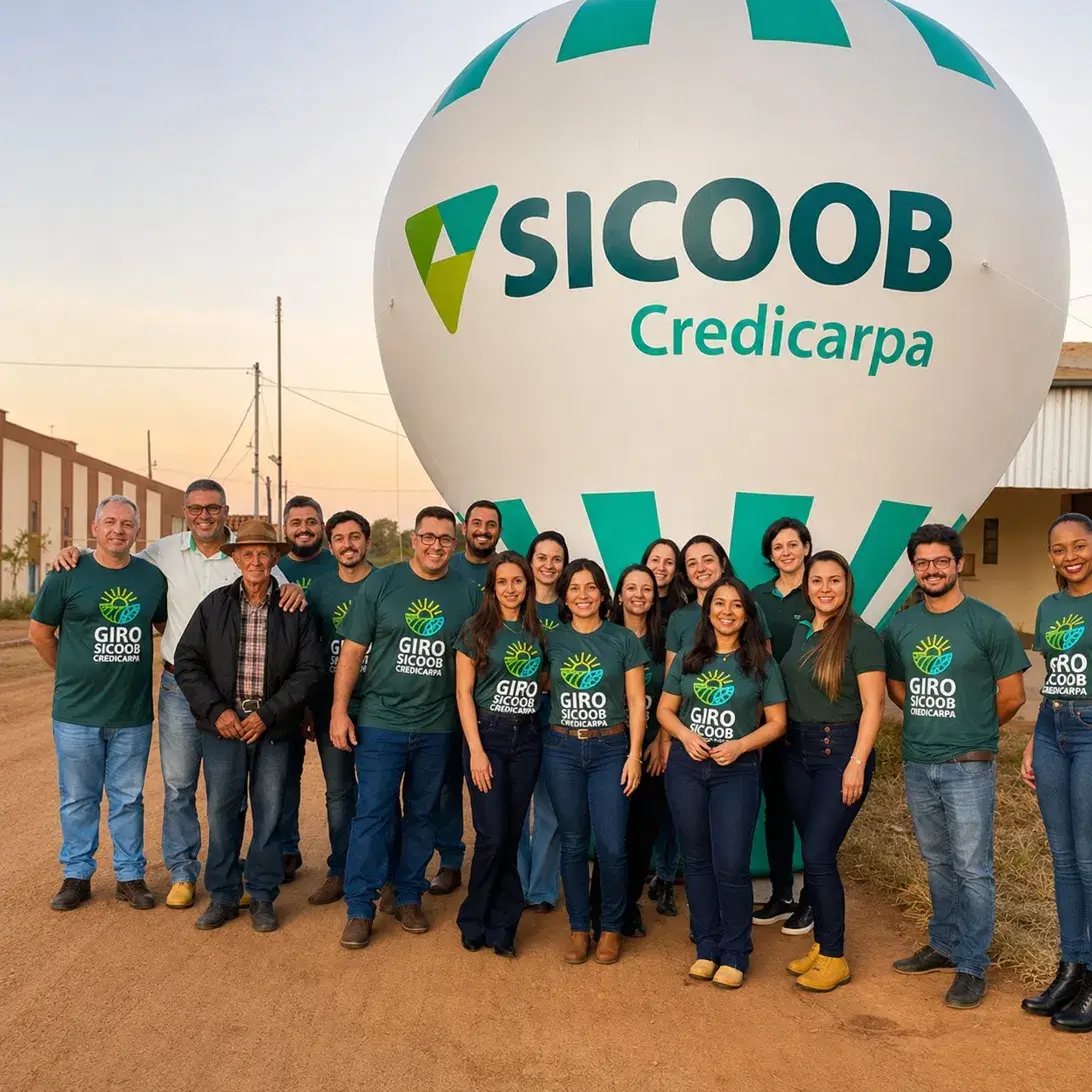 Equipe Sicoob Credicarpa reunida na frente de balão inflável gigante branco e verde personalizado durante ação Giro Sicoob Credicarpa, fabricado pela RVB Balões