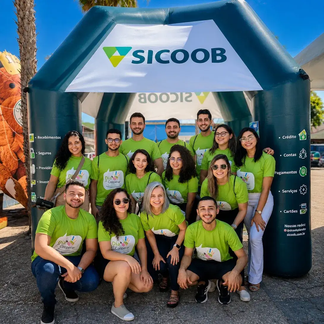 Equipe Sicoob Planalto reunida na frente de tenda inflável personalizada verde e branca no Dia de Cooperar, fabricada pela RVB Balões