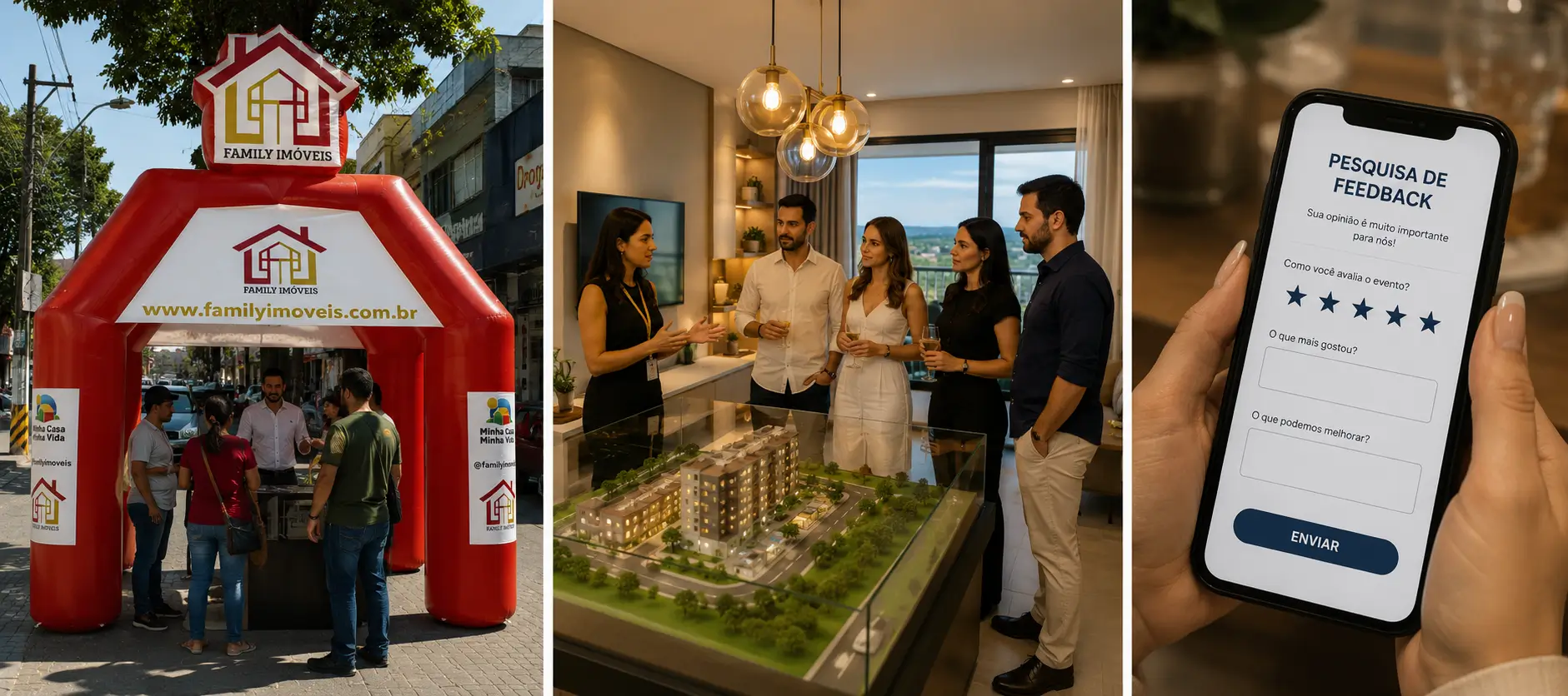 Evento imobiliário dividido em três cenas: atendimento em tenda inflável personalizada, visita guiada ao decorado com clientes e pesquisa de satisfação realizada após o evento.