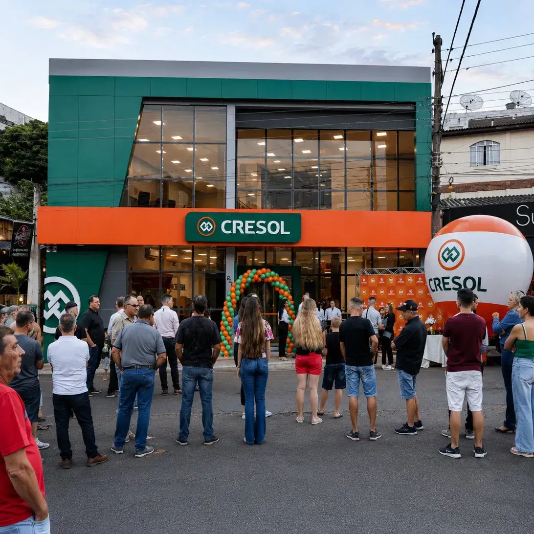 Inauguração de unidade da rede Cresol com balão inflável laranja e branco personalizado na fachada da agência e público de cooperados reunidos na rua, fabricado pela RVB Balões