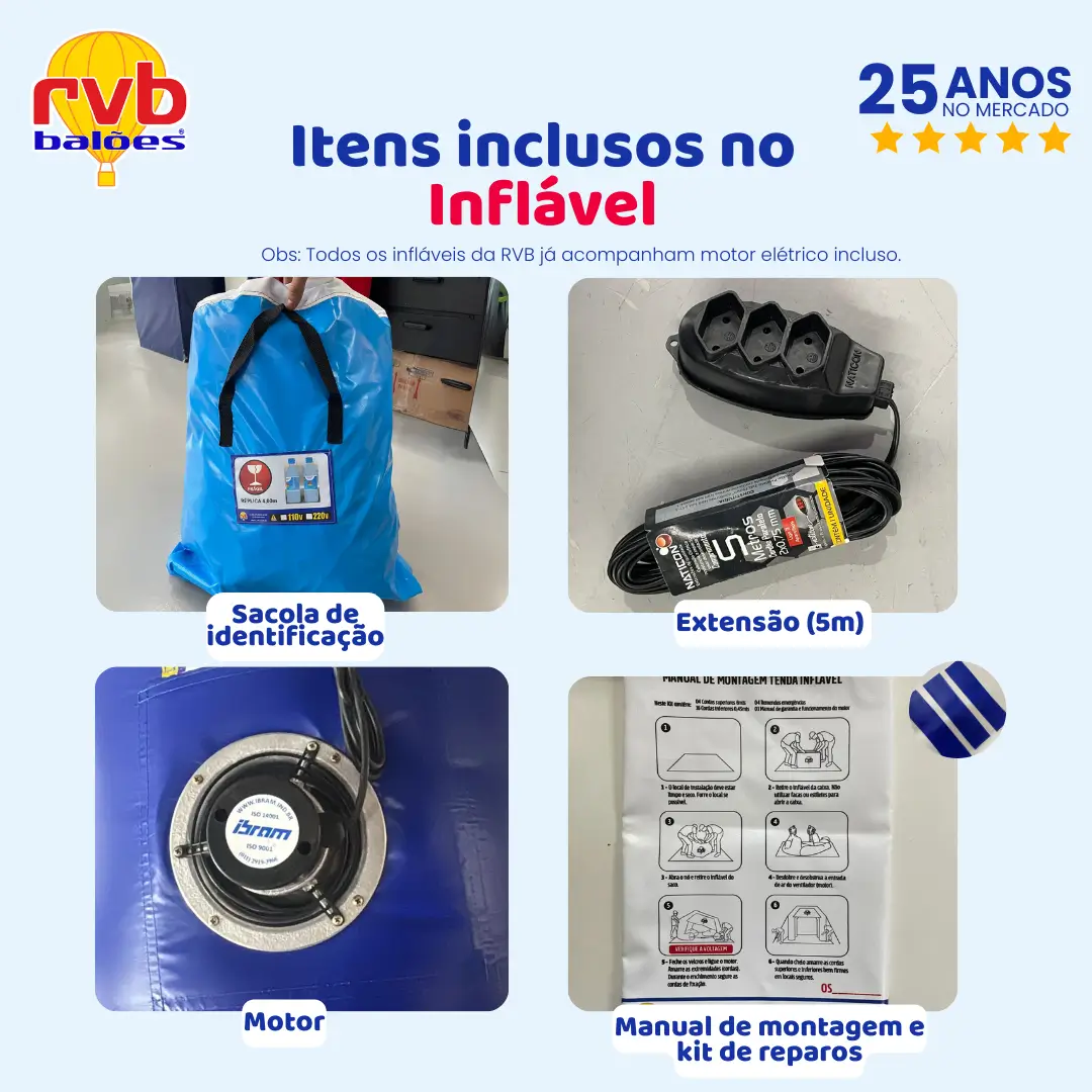 itens inclusos em inflável promocional RVB Balões com motor elétrico, extensão de 5 metros, manual de montagem, kit de reparos e sacola