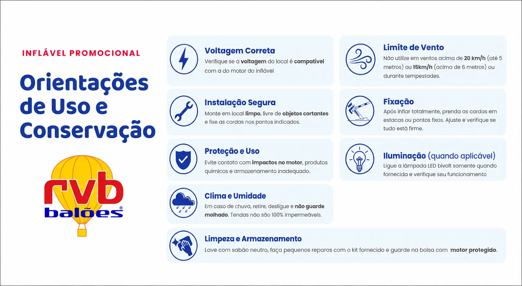 Orientações de uso e conservação de inflável promocional RVB Balões com instruções de instalação, fixação, limpeza, armazenamento e limite de vento.