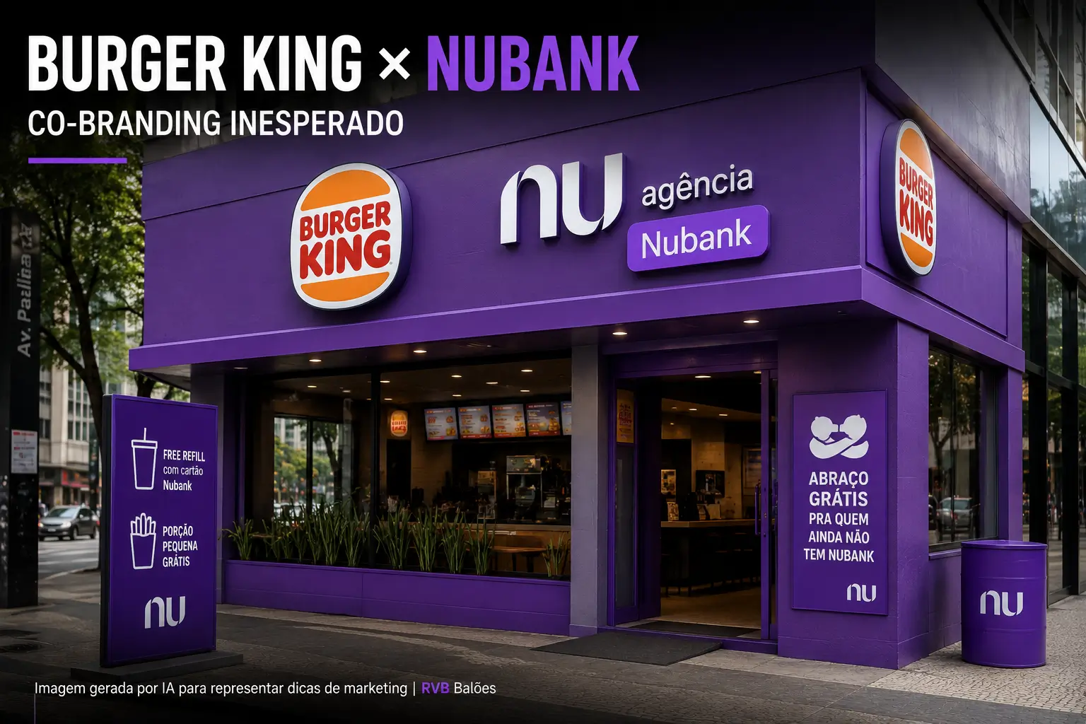 Ilustração do case Burger King e Nubank no guia de marketing de guerrilha da RVB Balões mostrando loja com fachada roxa de co-branding na Avenida Paulista