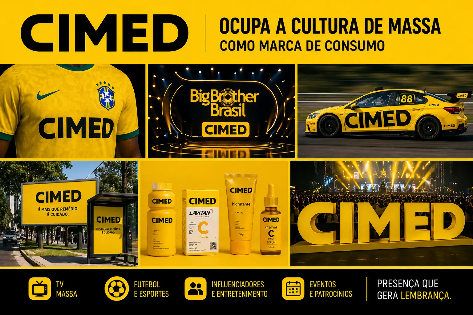Ilustração do case Cimed no guia de marketing de guerrilha da RVB Balões mostrando a marca em camisa de futebol, TV, automobilismo e eventos como estratégia de cultura de massa