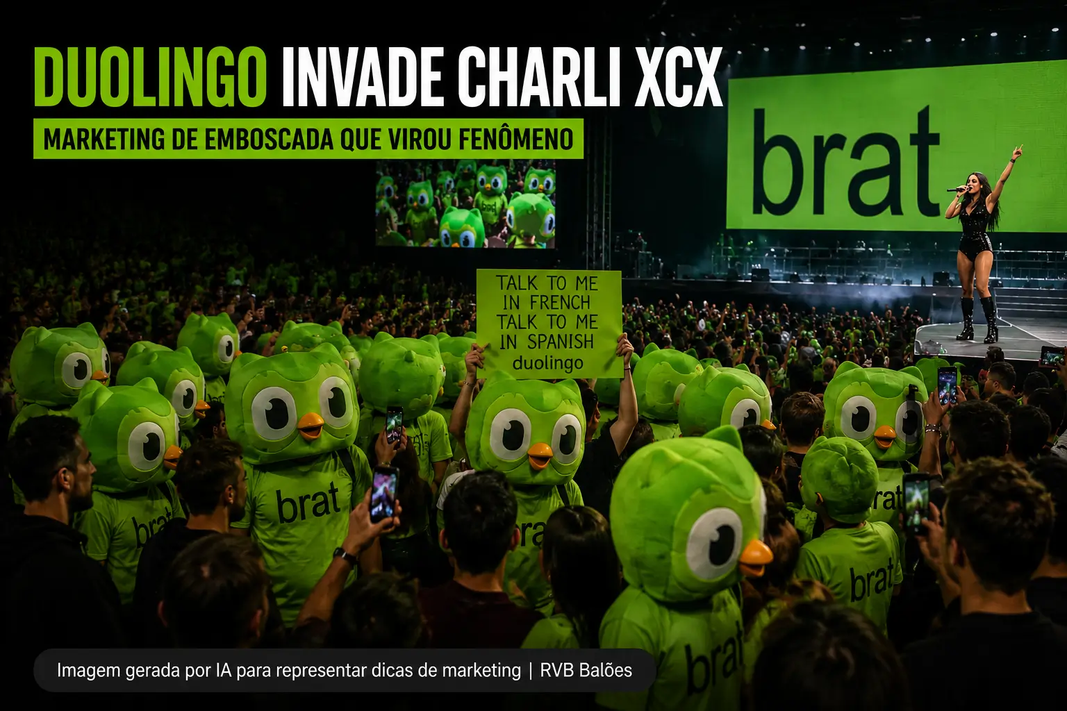 Ilustração do case Duolingo no guia de marketing de guerrilha da RVB Balões mostrando mascotes da coruja verde em meio ao público de um show como ação de emboscada