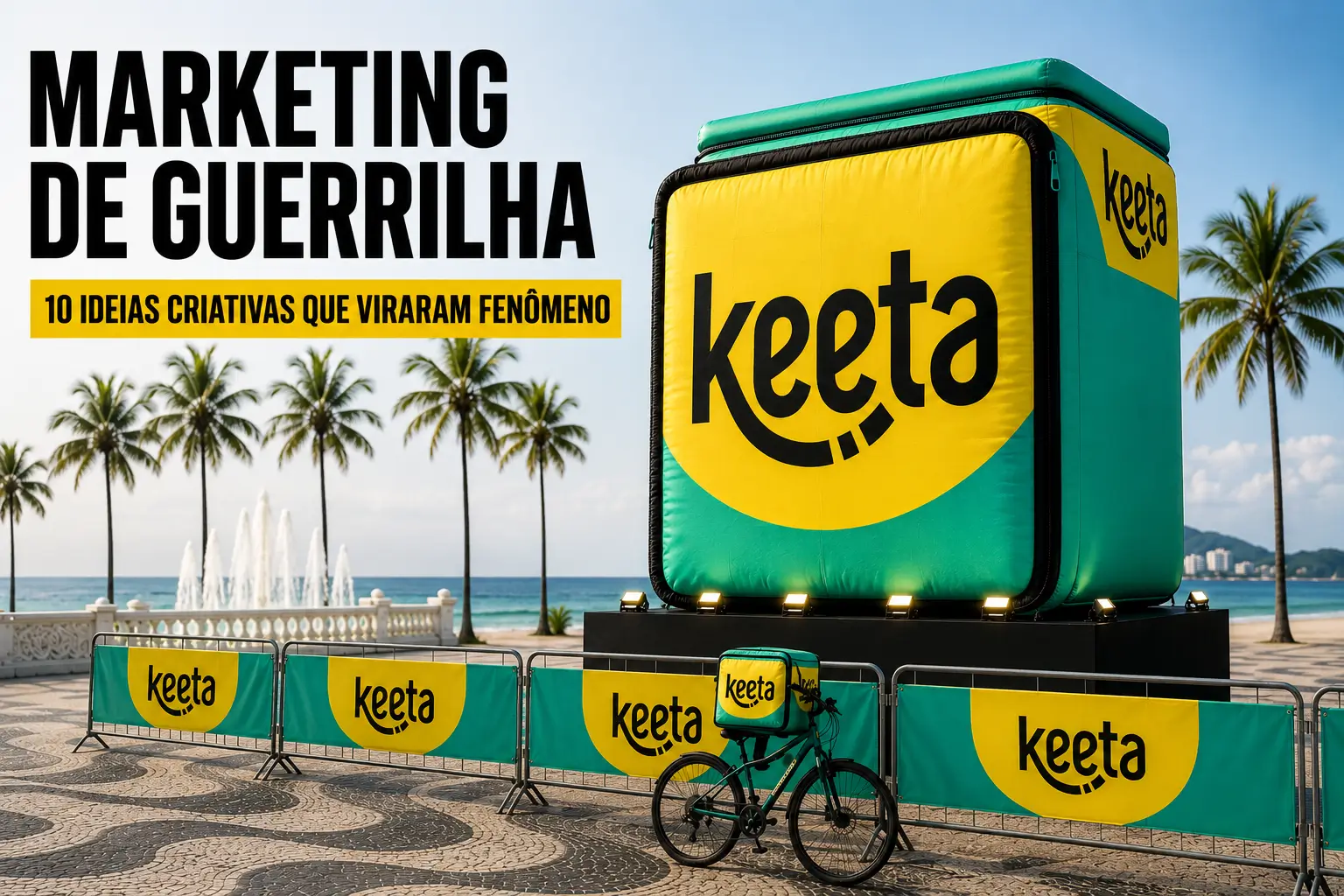 Capa do guia de marketing de guerrilha da RVB Balões com réplica inflável gigante da bag Keeta amarela e verde instalada no calçadão de praia, exemplo de ação de impacto