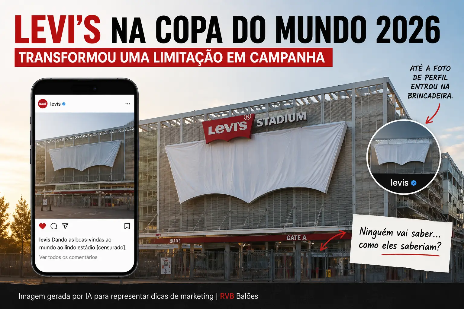 Ilustração do case Levi's na Copa 2026 no guia de marketing de guerrilha da RVB Balões mostrando logo do estádio coberto por pano branco que virou campanha