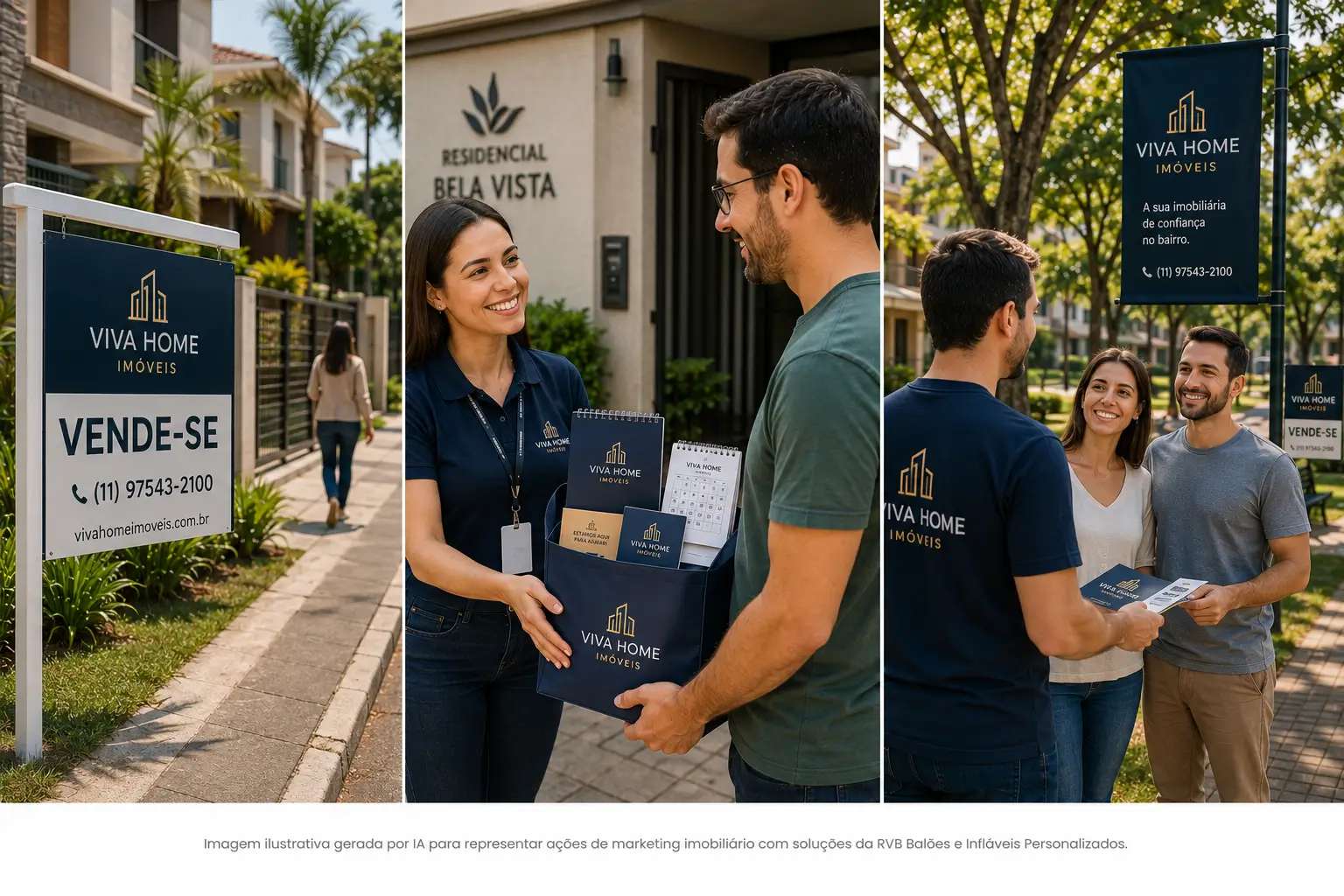 Ações de marketing imobiliário com placa de vende-se, distribuição de brindes personalizados e corretor divulgando imobiliária em bairro residencial