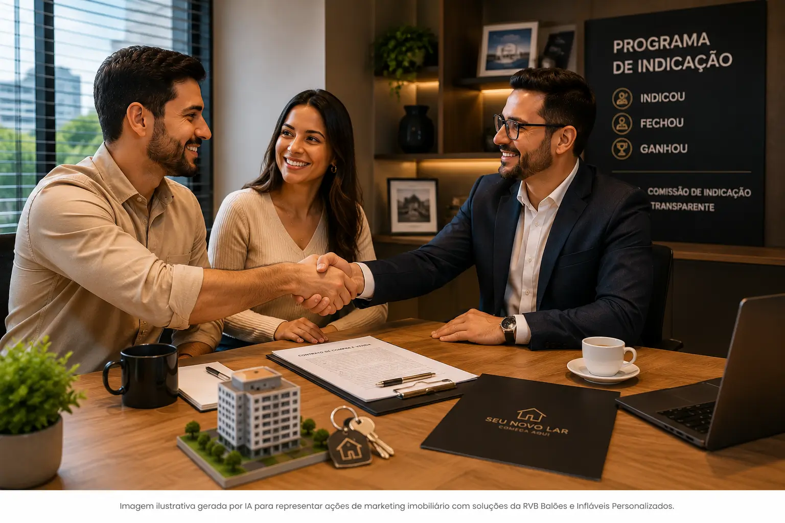 Cliente indicando amigo para corretor de imóveis durante reunião em imobiliária com programa de indicação e comissão transparente