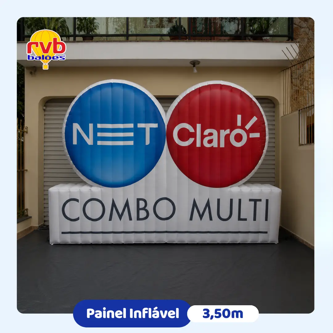 Painel Inflável NET Claro Combo Multi 3,5m — Ação Cooperada Telecom | RVB Balões Painel inflável personalizado NET Claro Combo Multi 3,5 metros para ação de telecomunicações, fabricado pela RVB Balões
