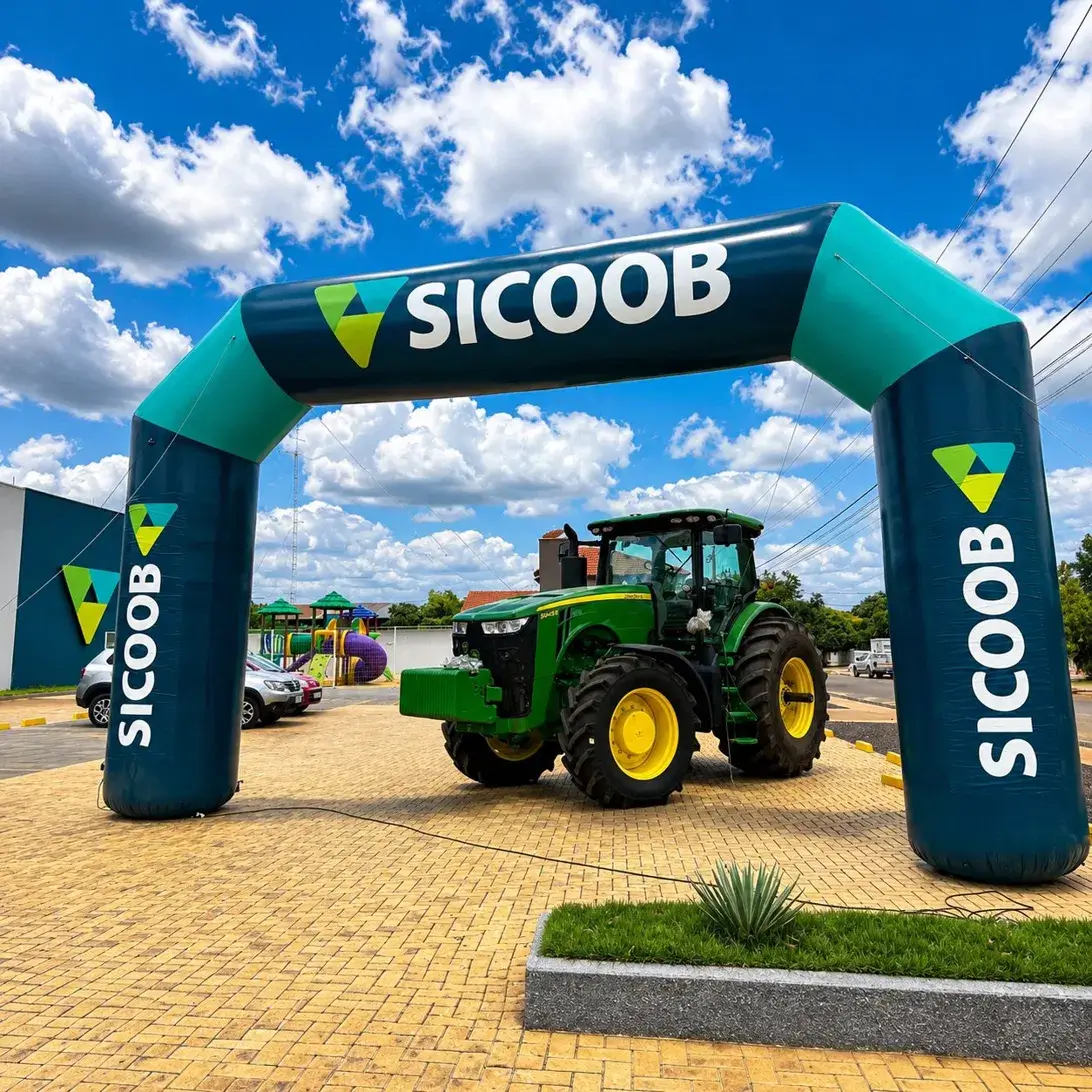 Portal inflável personalizado Sicoob verde e azul instalado em área externa de evento agropecuário com trator John Deere passando pela entrada, fabricado pela RVB Balões