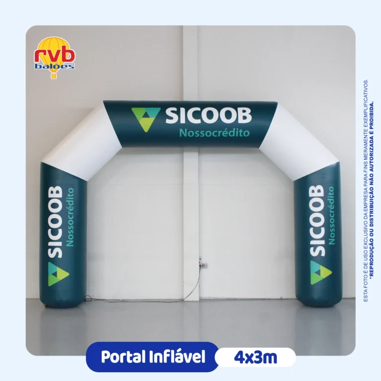 Portal inflável personalizado Sicoob Nossocrédito 4x3m verde escuro e branco para inauguração de agência cooperativa, fabricado pela RVB Balões