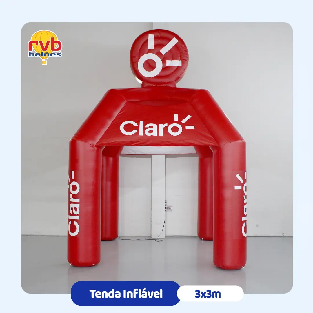 Tenda Inflável com Topper Claro 3x3m — PDV e Ativação de Marca | RVB Balões Tenda inflável com topper personalizada Claro 3x3 metros para PDV e ativação de marca, fabricada pela RVB Balões