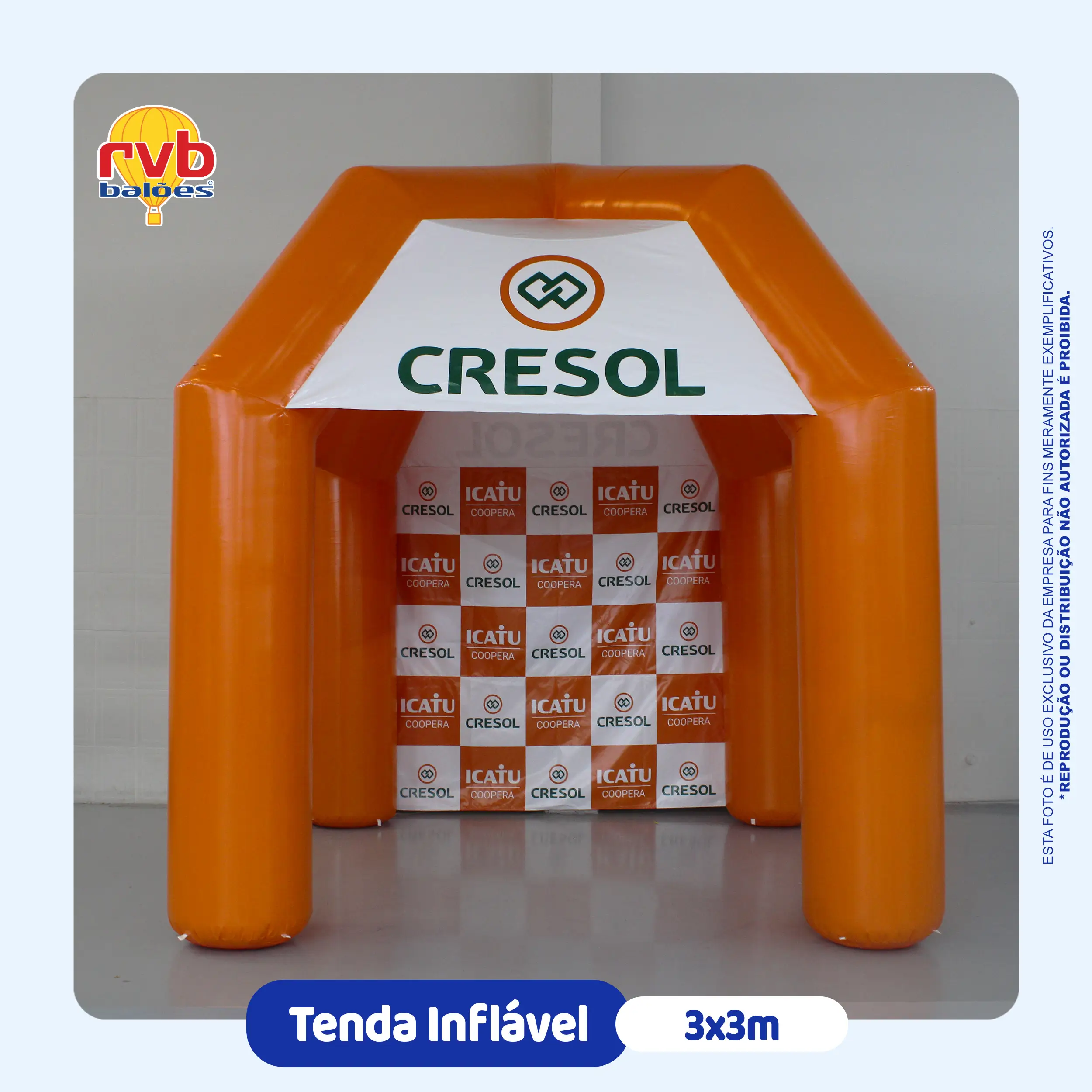 Tenda Inflável Cresol 3x3m com Backdrop Icatu Coopera | RVB Balões Tenda inflável personalizada Cresol laranja 3x3m com backdrop step and repeat Icatu Coopera para eventos cooperativos, fabricada pela RVB Balões