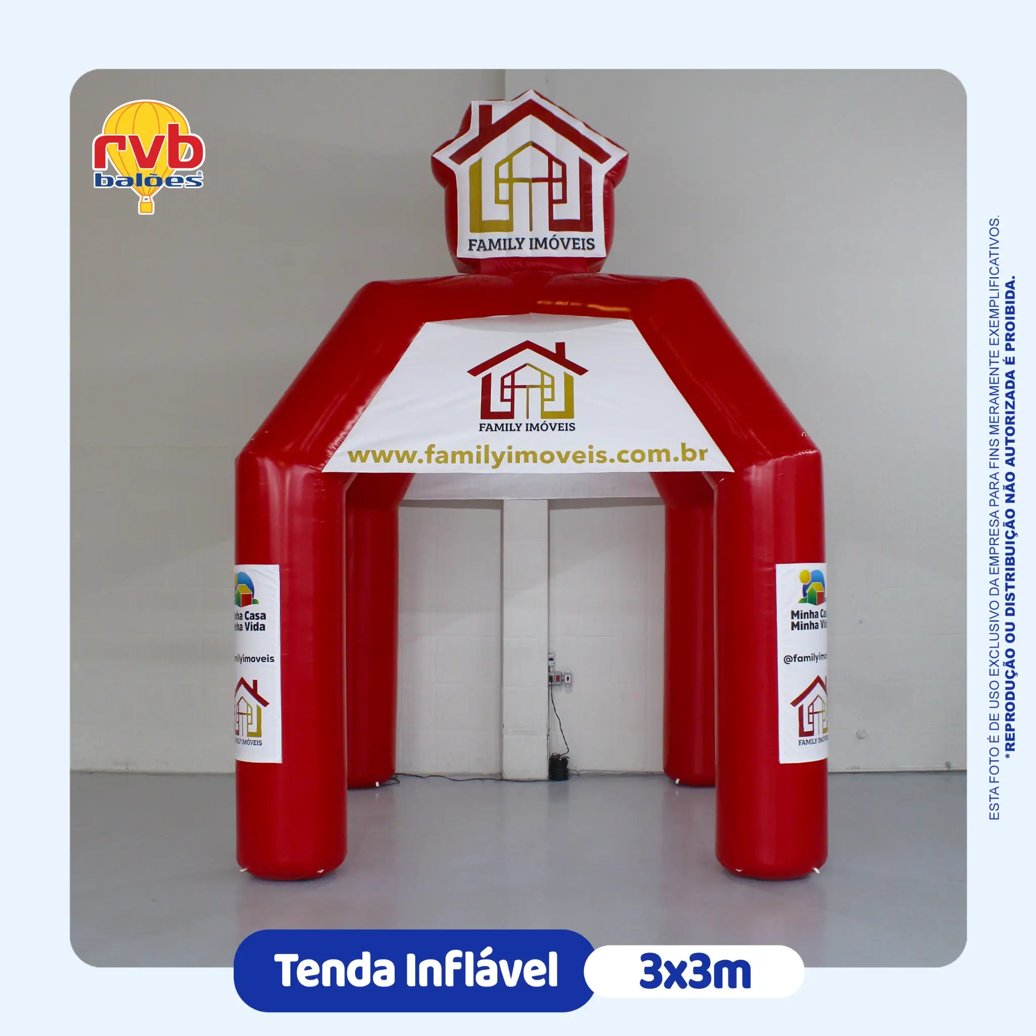 tenda inflável personalizada Family Imóveis 3x3 metros utilizada em plantão de vendas imobiliário e divulgação de empreendimentos residenciais